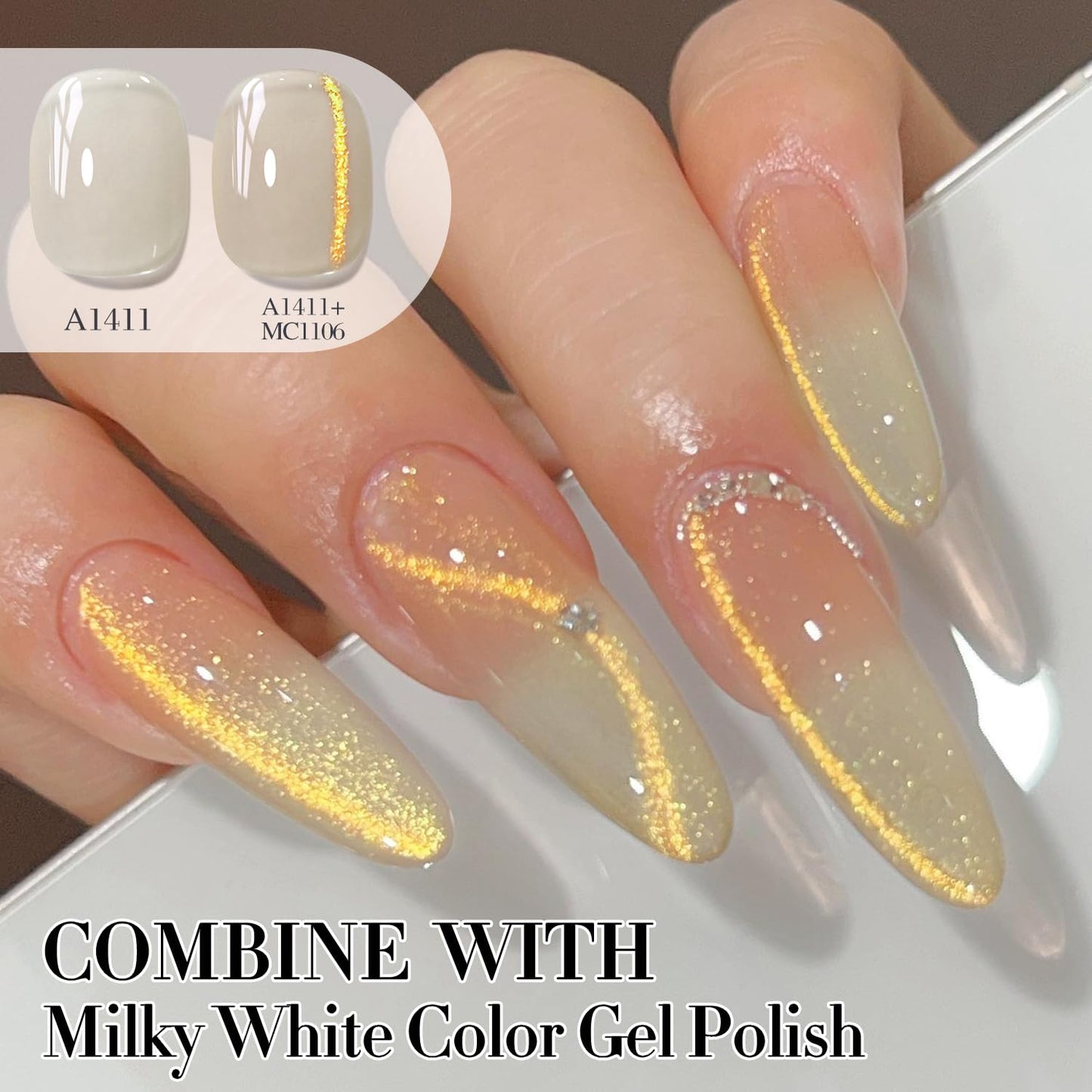 Double Rhythm Jelly Glass Cat Eye Gel Polish with Magnet 15ML Holographic Glitter Shimmer Translucent Sheer Color Magnetic Nail Polish Salon DIY at Home (MC1106)