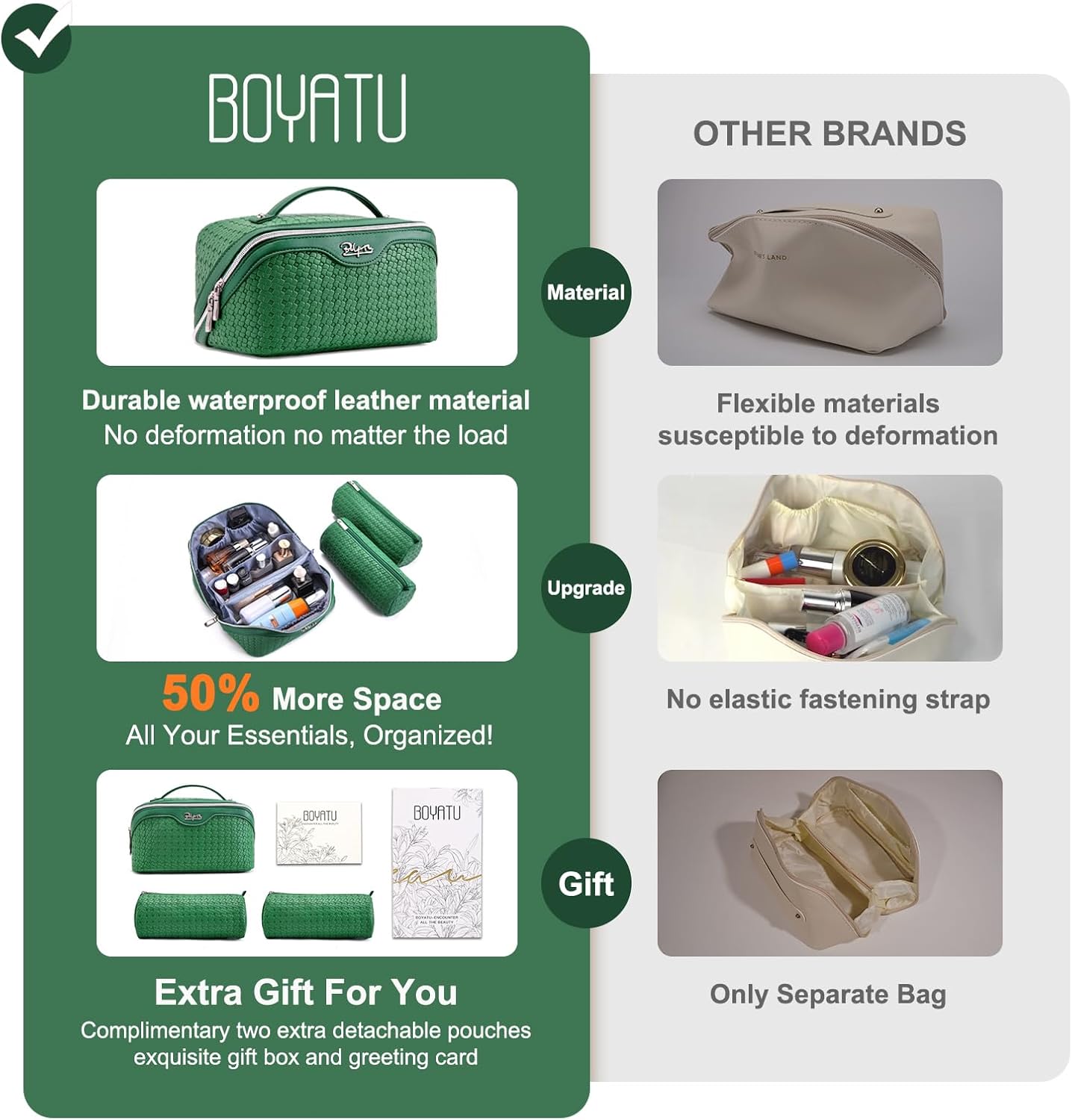 BOYATU Travel Makeup Bag Cosmetic Bags for Women: Large Capacity 3 Pcs Set Make up Bag with Compartments - Waterproof Vegan Leather Toiletry Organizer Bags with Handle - Travel Essentials(L12 Green)