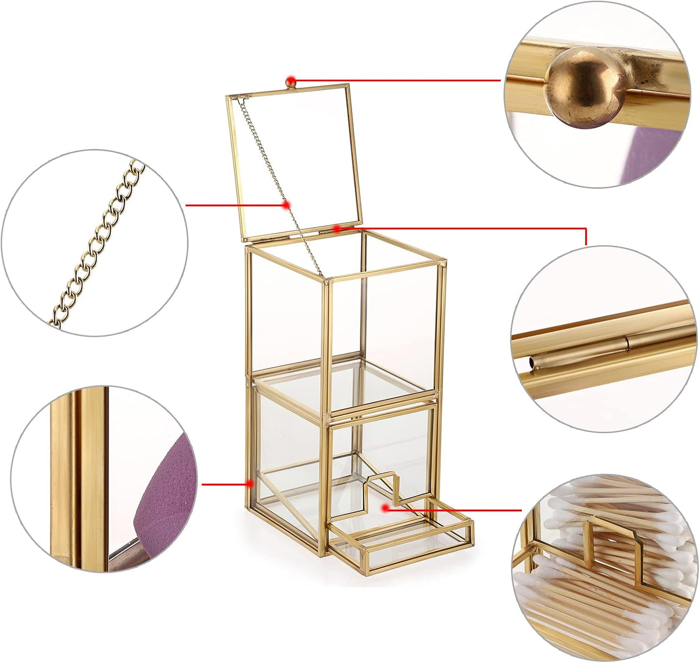 Hipiwe Gold Glass Qtip Holder with Lid 2 Compartments Cotton Balls Swab Organizer Cotton Round Pads Holder Makeup Pad Cosmetic Storage Case Q-tip Dispenser for Dresser Countertop