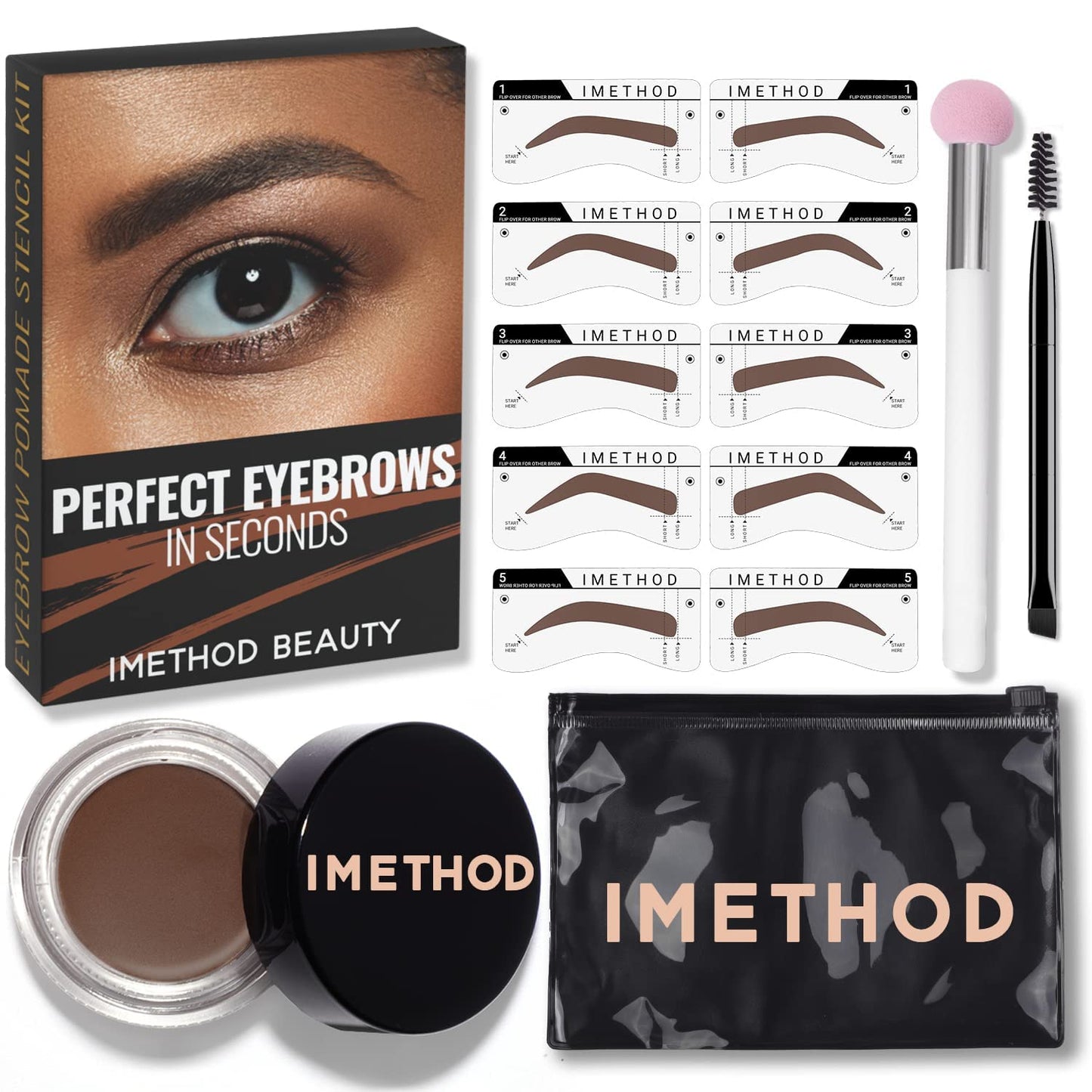 iMethod Eyebrow Stamp and Eyebrow Stencil Kit - Eye Brow Stamping Kit, Brow Stamp Kit, Brow Stencil and Stamp Kit, Brow Trio Eyebrow Kit, Perfect Bushy Eyebrows, Medium Brown