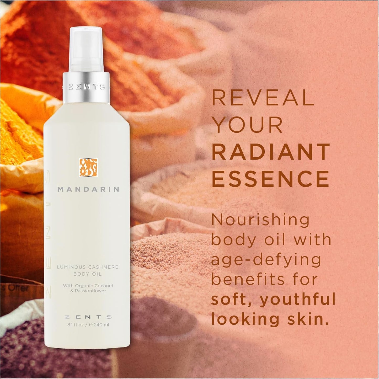 Zents Luminous Cashmere Body Oil (Mandarin Fragrance) | Moisturizing Body Oil with Vitamin E & Organic Coconut Oil | Softens & Smooths Skin | 8 fl oz