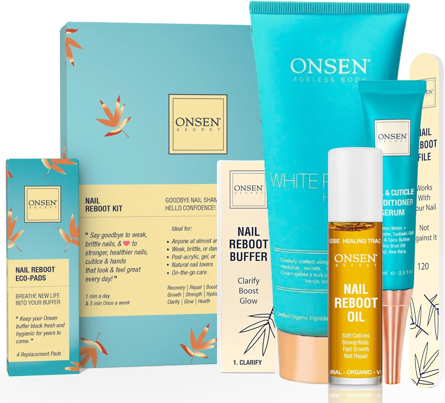 Onsen Secret Ultimate Nail Reboot Kit - Professional Nail File and Buffer, 3-Way Block w/Replacement Pads, Nail Strengthening Cuticle Cream, Reboot Oil & Anti Aging Hand Lotion