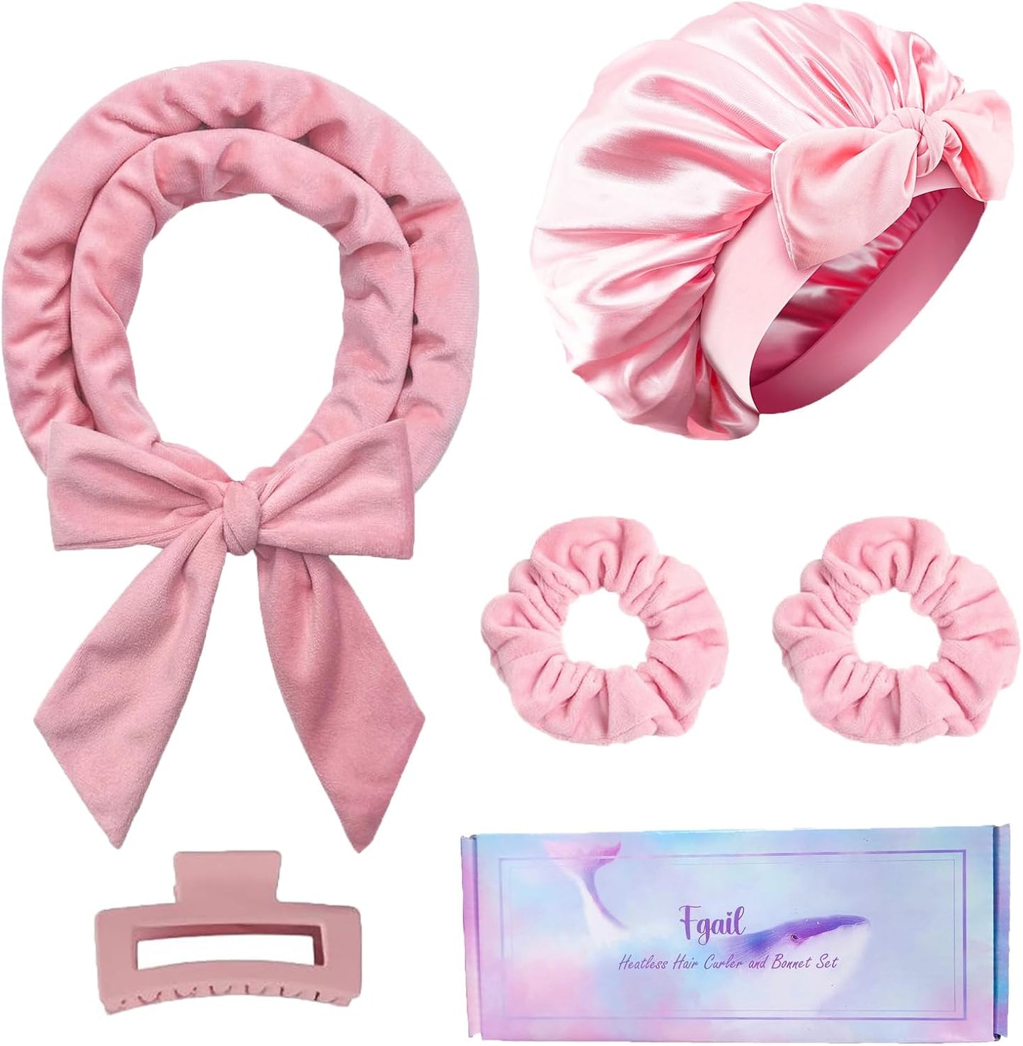 Heatless Hair Curler and Double Layer Satin Bonnet Set for Overnight Curls - No Heat Curling Rod with silk Bonnet, Sleep-In Safe for Long/Medium Hair, Frizz-Free Waves & Volume(Pink)