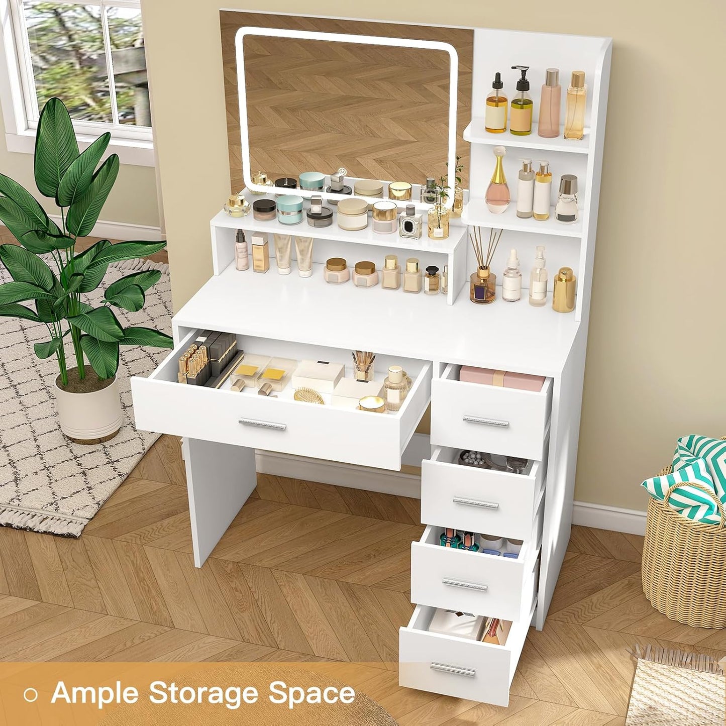 Quimoo Makeup Vanity Desk with LIighted Mirror, Vanity Desk with 5 Drawers & Storage Shelves, Vanity Table, 3 Color Modes & Adjustable Brightness Dressing Table, Bedroom