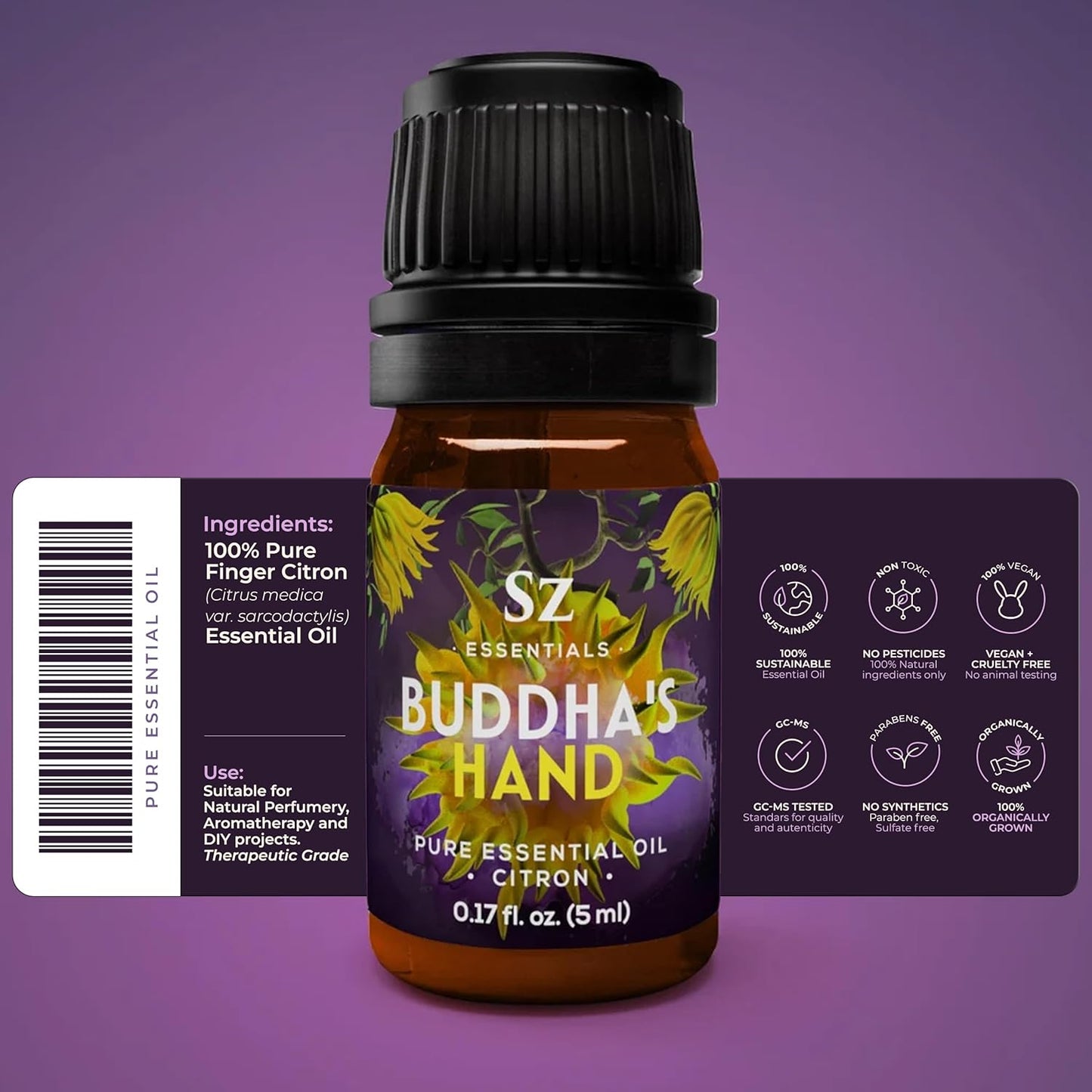 Buddha's Hand Essential Oil, 100% Pure, Extracted from The Most Fragrant Italian Finger Citron - Citrusy & Lemony Scent with Sweet Overtones - Therapeutic Grade & Vegan - 0.17oz (5ml)