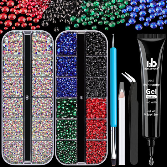 Rhinestones for Nails, Manicure Kit with Nail Rhinestone Glue Gel, Multi Size Flat Back Glass Crystal AB + Mixed Color Iridescent Gemstones & Gem Glue (UV/LED Needed) with Dotting Tools