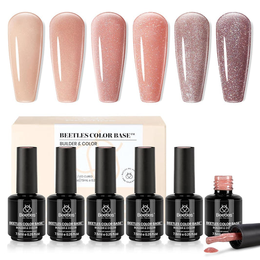 Beetles Rubber Base Color Gel Nail Polish, 6 Colors 5 IN 1 Nude Rubber Base Gel Neutral Sheer Pink Peach Glitter Nail Polish for Thin Nails Soak Off Nail Art Design Gifs for Women