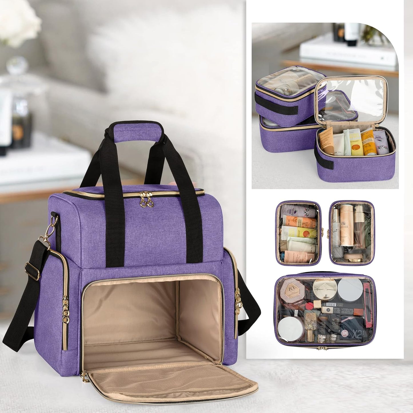 LUXJA Large Travel Makeup Bag with 3 Removable Cases, Cosmetic Bag with Detachable Dividers (Patent Pending), Purple