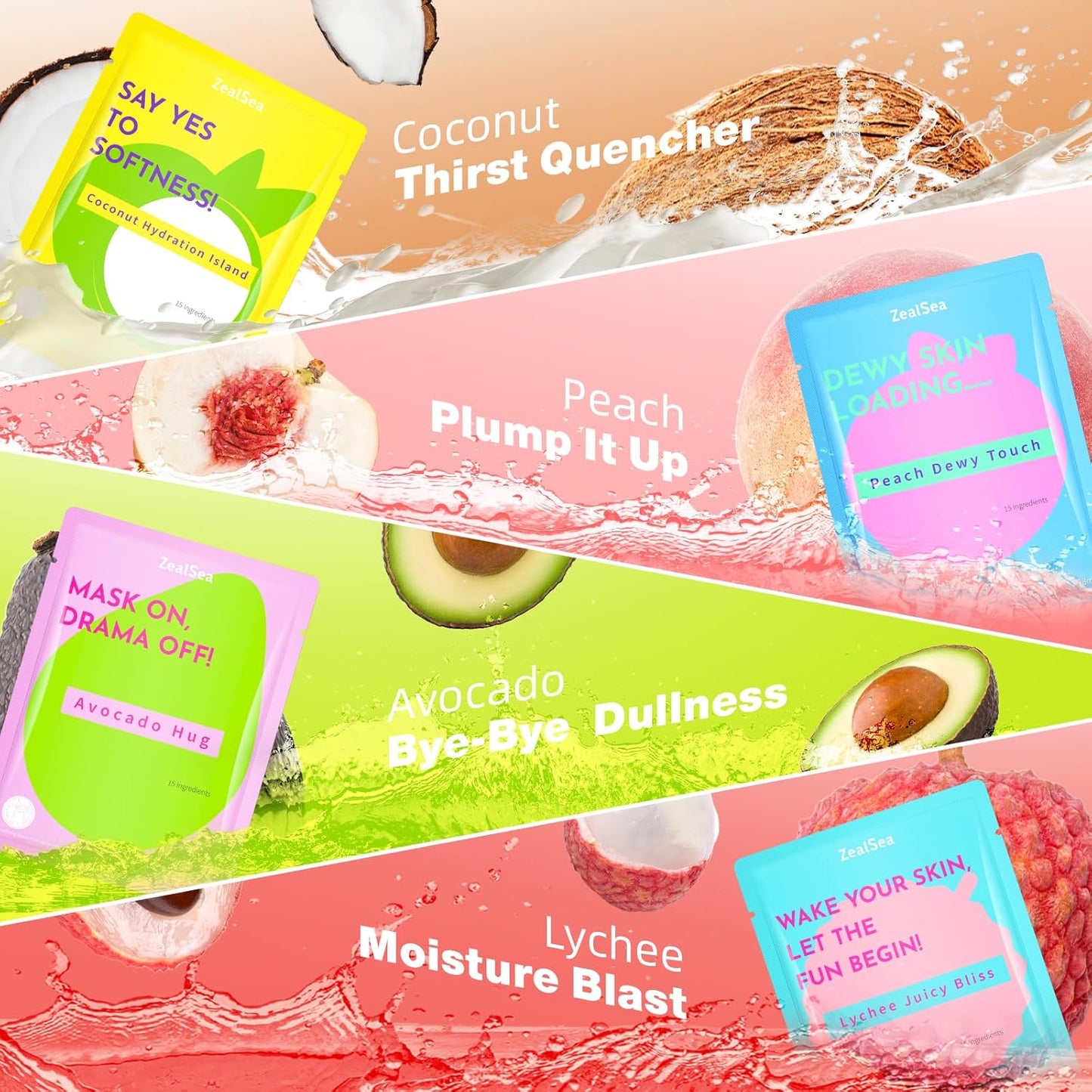 ZealSea Clean Beauty Face Masks Skincare, Minimalism 15 Ingredients Sheet Mask, Dopamine Color Design Facial Mask, Sleepover & Slumber Spa Party Supplies, Women Teen Girl Gifts Trendy Stuff, 14 Pack