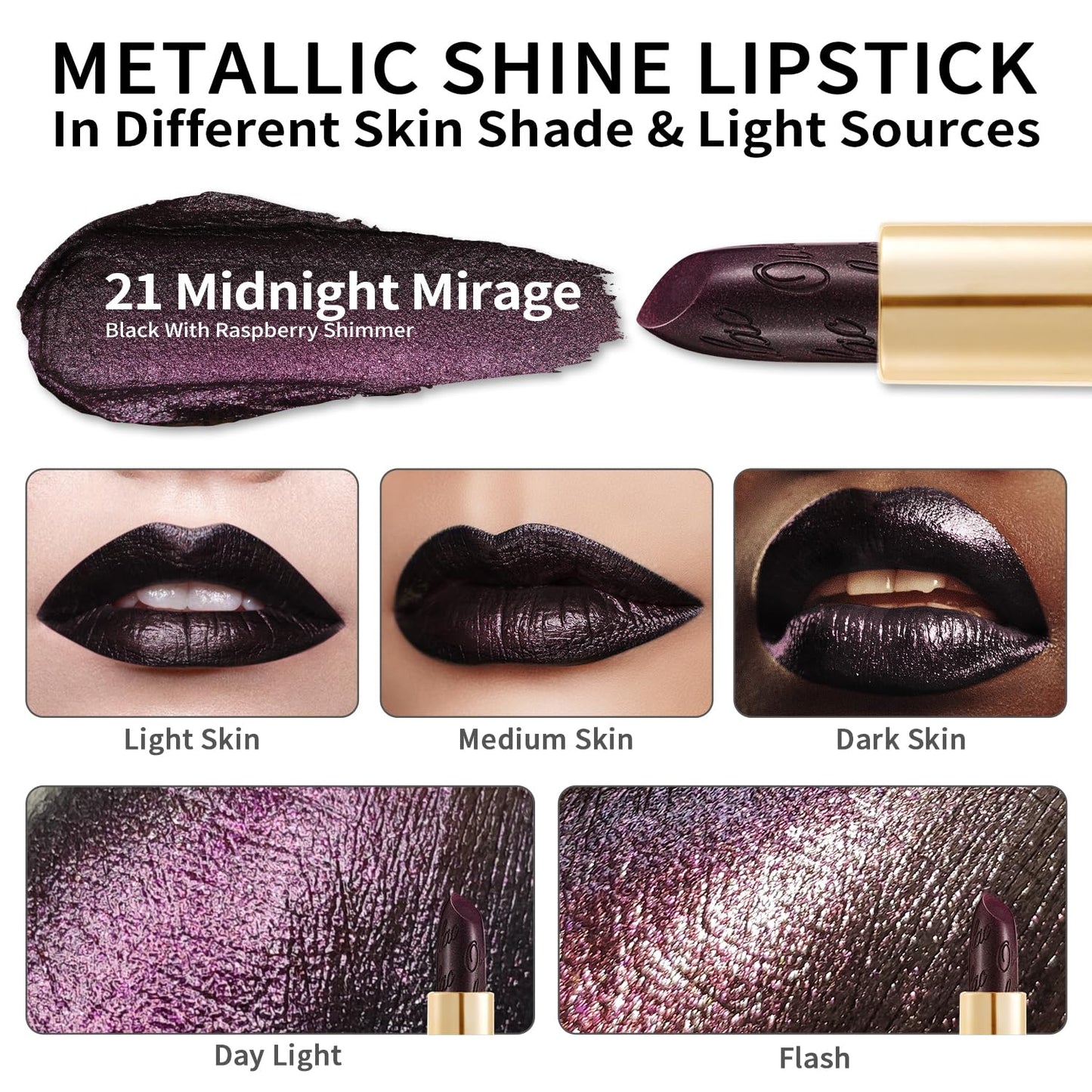 Oulac Halloween Lipstick for Women Black with Raspberry Shimmer, High-Impact Lipcolor with Moisturizing Creamy Formula, Vegan & Cruelty-Free, Midnight Mirage (21)