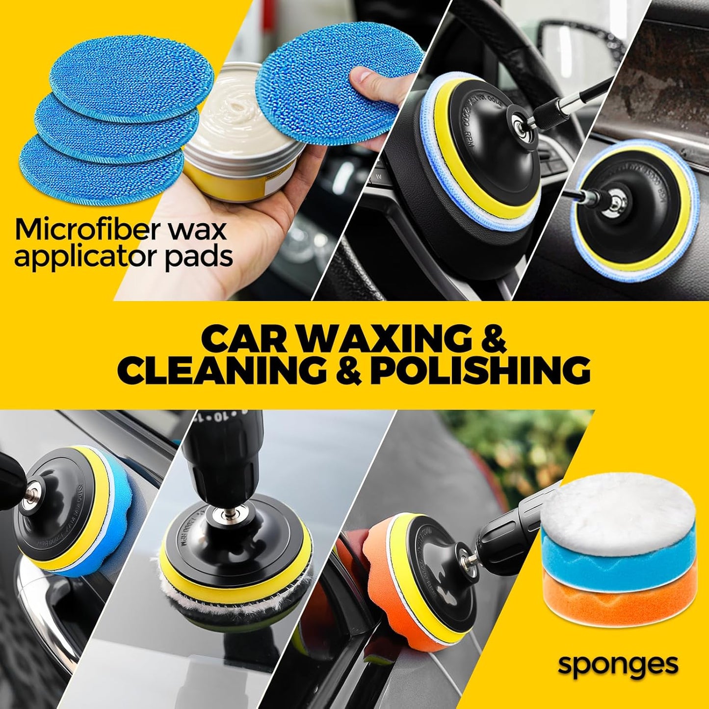 Holikme 22Pack Drill Brush Attachments Set, Scrub Pads & Sponge, Buffing Pads, Power Scrubber Brush, Car Polishing Pad Kit,Wax Applicator Pad,Car Cleaning Kit，Cleaning Supplies，Masonry Brushes,Black
