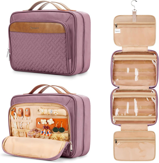 Travel Hanging Toiletry Bag for Women, with Jewelry Organizer Compartment, Medium Waterproof Hanging Makeup Accessories, Cosmetic Essentials, Toiletries Dopp Kit Set with Trolley Belt, Dark Purple