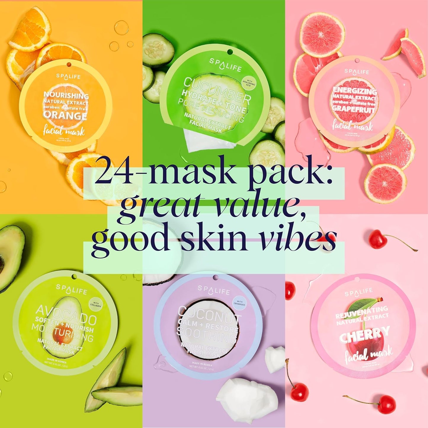 SpaLife Beauty Fruit Facial Sheet Masks 24 Pack – Face Masks Skincare Set – Hydrating Face Masks – 6 Natural Fruit Extract Formulas – Orange, Grapefruit, Coconut, Cherry, Avocado, Cucumber