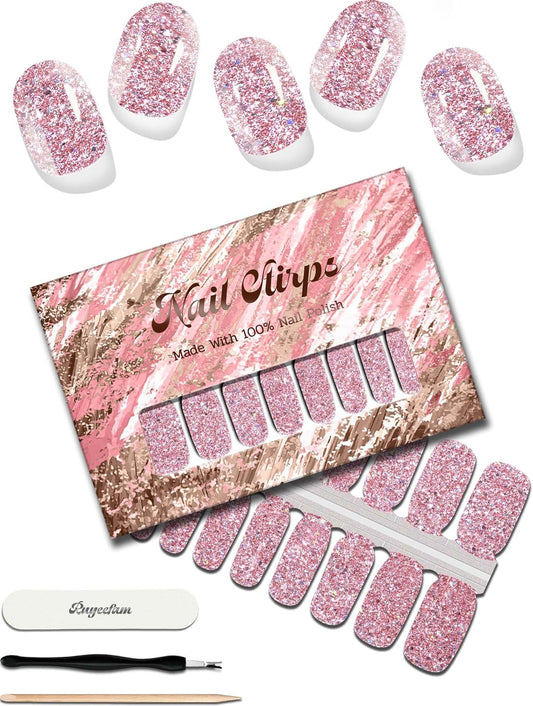 Glitter Nail Polish Strips, 32 Pcs Salon Quality Gel Nail Stickers, Long Lasting Wraps Easy to Use & Remove (Sparkling Pink)