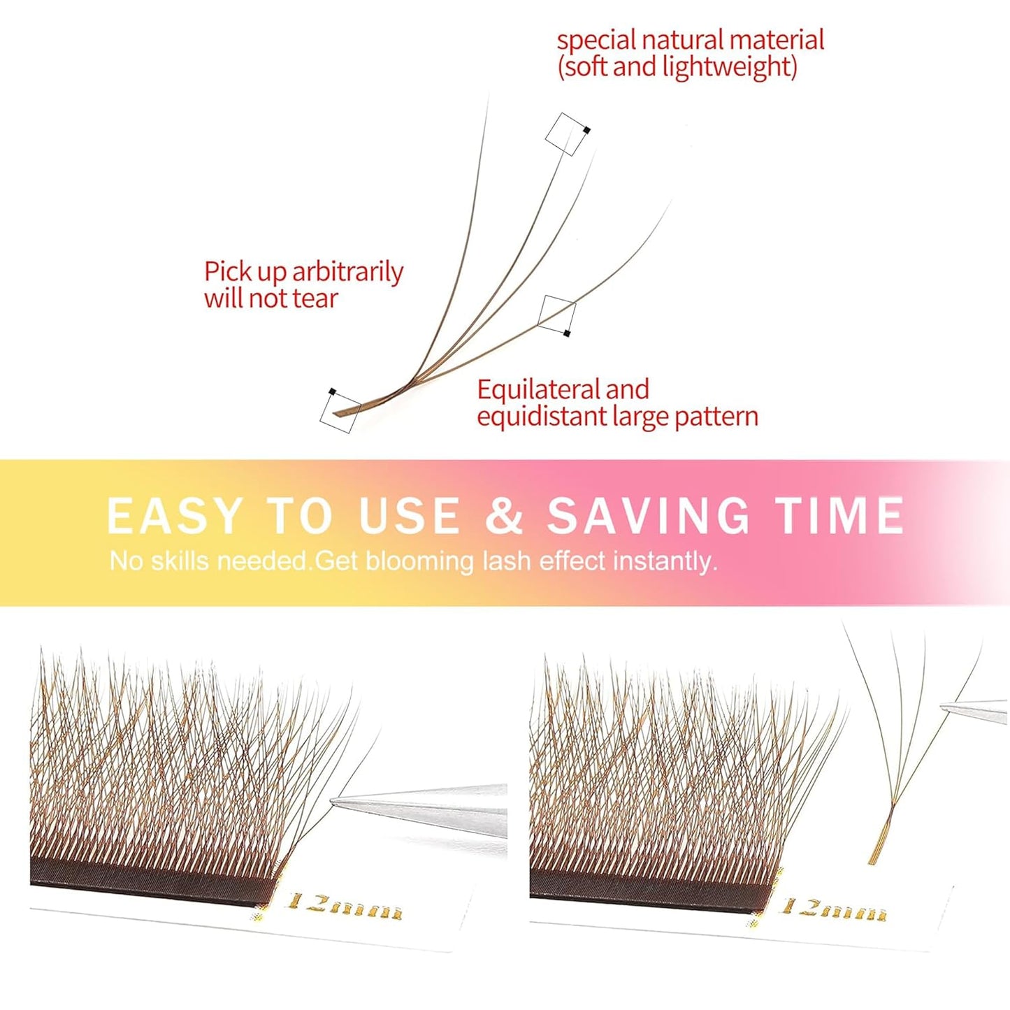 W Lash Extensions Brown 4D Eyelash Extensions W Shape 0.07mm Thickness C Curl Mix 8-15mm Premade Fans Lashes Colored Lash Extension Volume Lashes Individual Lashes(W-Brown-4D-0.07-C,8-15mm)