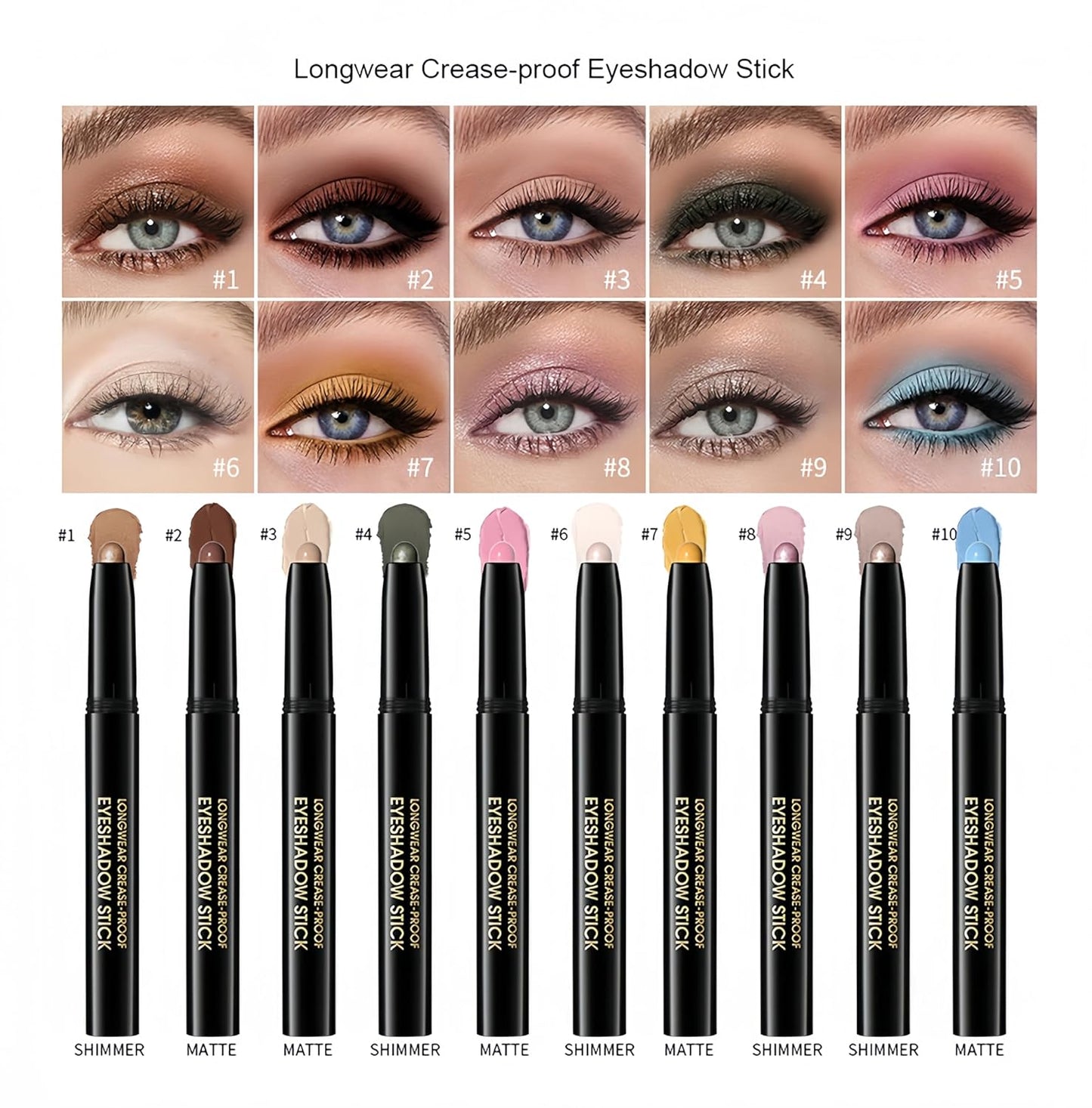 MAEPEOR 10 Colors Cream Eyeshadow Stick Silky Smooth Matte Shimmer Eyeshadow Pen Waterproof and Long Lasting Shadow Pencil for Girls and Women (Color 06)