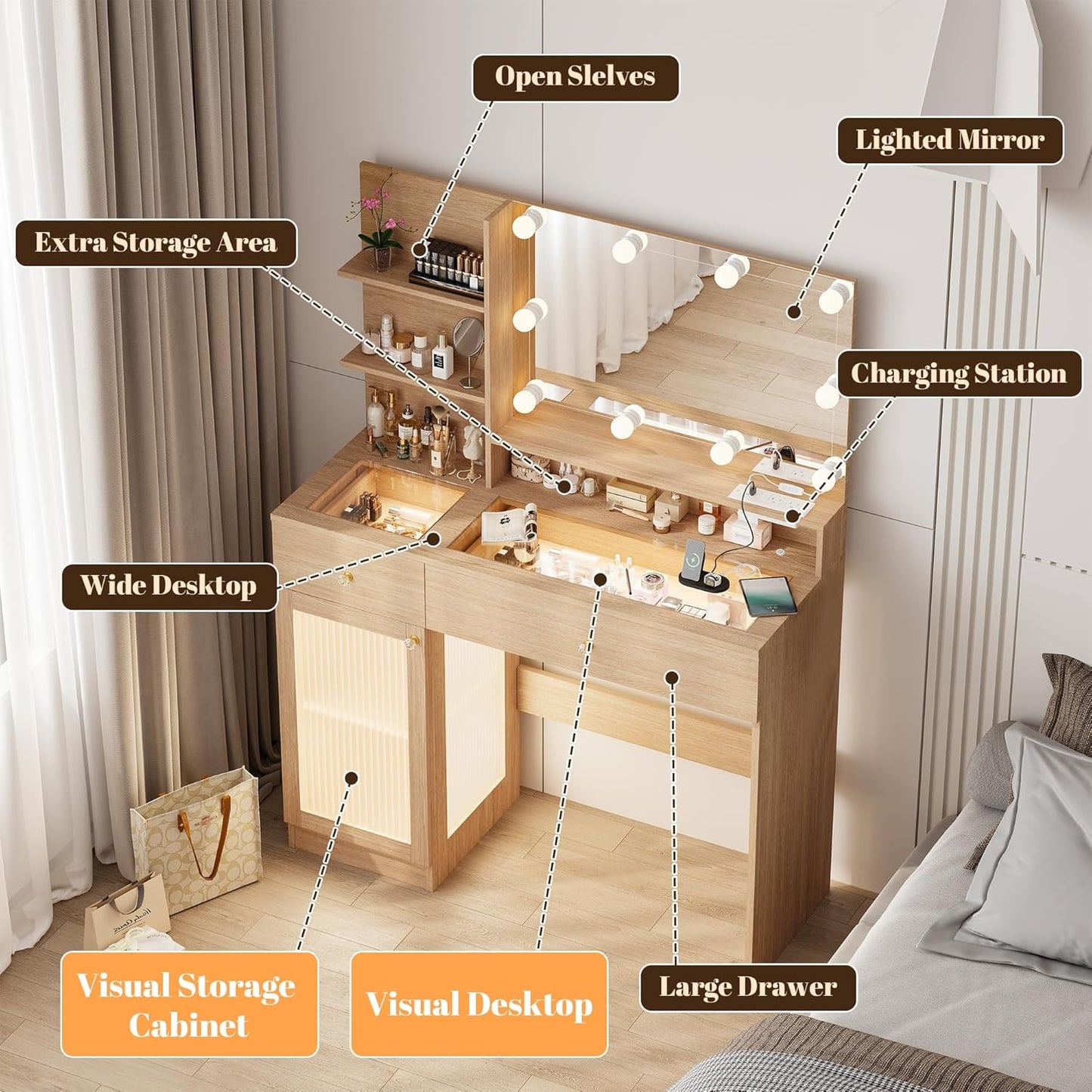 40" Vanity Desk with Large Mirror and Lights, Modern Glass Top Makeup Vanity Set with Power Outlet, Drawers and Cabinet, 3 Lighting Color Adjustable Dressing Table for Bedroom,Oak