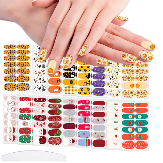WOKOTO 20 Sheets Mixed Halloween Christmas Nail Polish Strips Full Nail Wraps Stickers for Women Nail Art Pumpkin Bat Ghost Witch Spider Halloween Nail Polish Stickers Gel Nail Wraps for Girls
