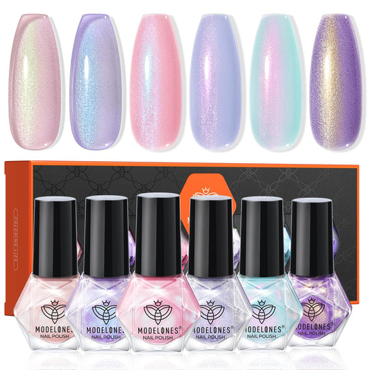 modelones Nail Polish Set, 6 Colors Charm Pink Blue Gold Purple Green Shimmer & Holographic Quick Dry Non Toxic Nail Polish Kit Salon Home DIY Manicure Kit Gift For Women Girl