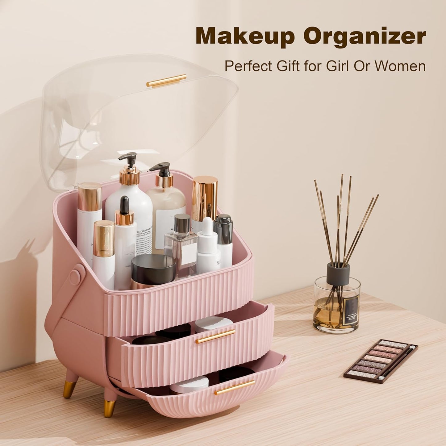 Makeup Organizer for Vanity Cosmetics Skincare Organizers with Lid and Drawers Display Cases for Countertop (Pink)