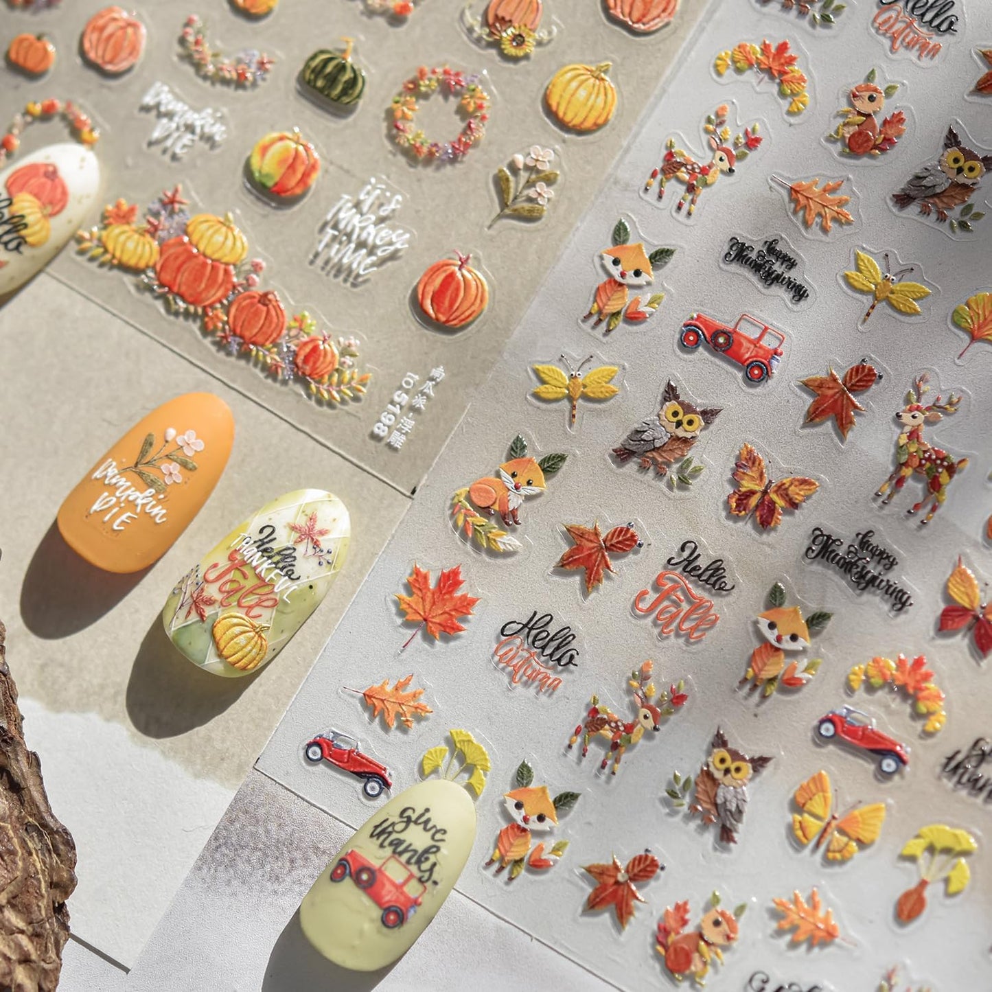 1 Sheet Animal Print Nail Art Stickers 5D Embossed Fox Nail Stickers 3D Self-Adhesive Squirrel Nail Decals Autumn Elk Owl Nail Designs Orange Maple Car Nail Art Decoration for Women Girls Manicure