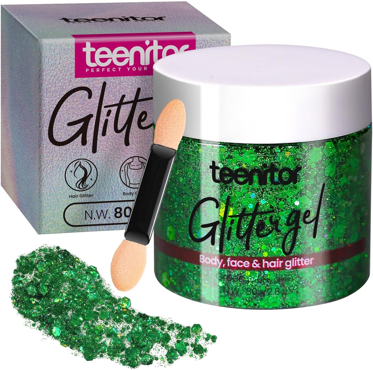 Teenitor Green Body Glitter, Face Glitters, Green Glitter, Body Glitter Gel, Hair Glitter Gel, 80g/2.8oz Holographic Glitter for Face Body Hair, Glitter Makeup for Kids
