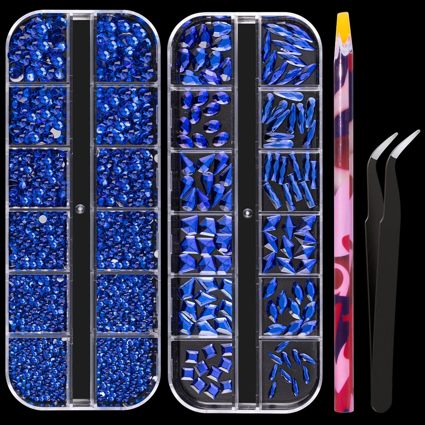 Multi Shapes Dark Blue 3D Glass Crystal Nail Art Rhinestones Kit with Flatback Round Bead Charm Gem Stone Jewelry Diamond with Pickup Pen + Tweezer for Manicure Makeup DIY Craft Decoration