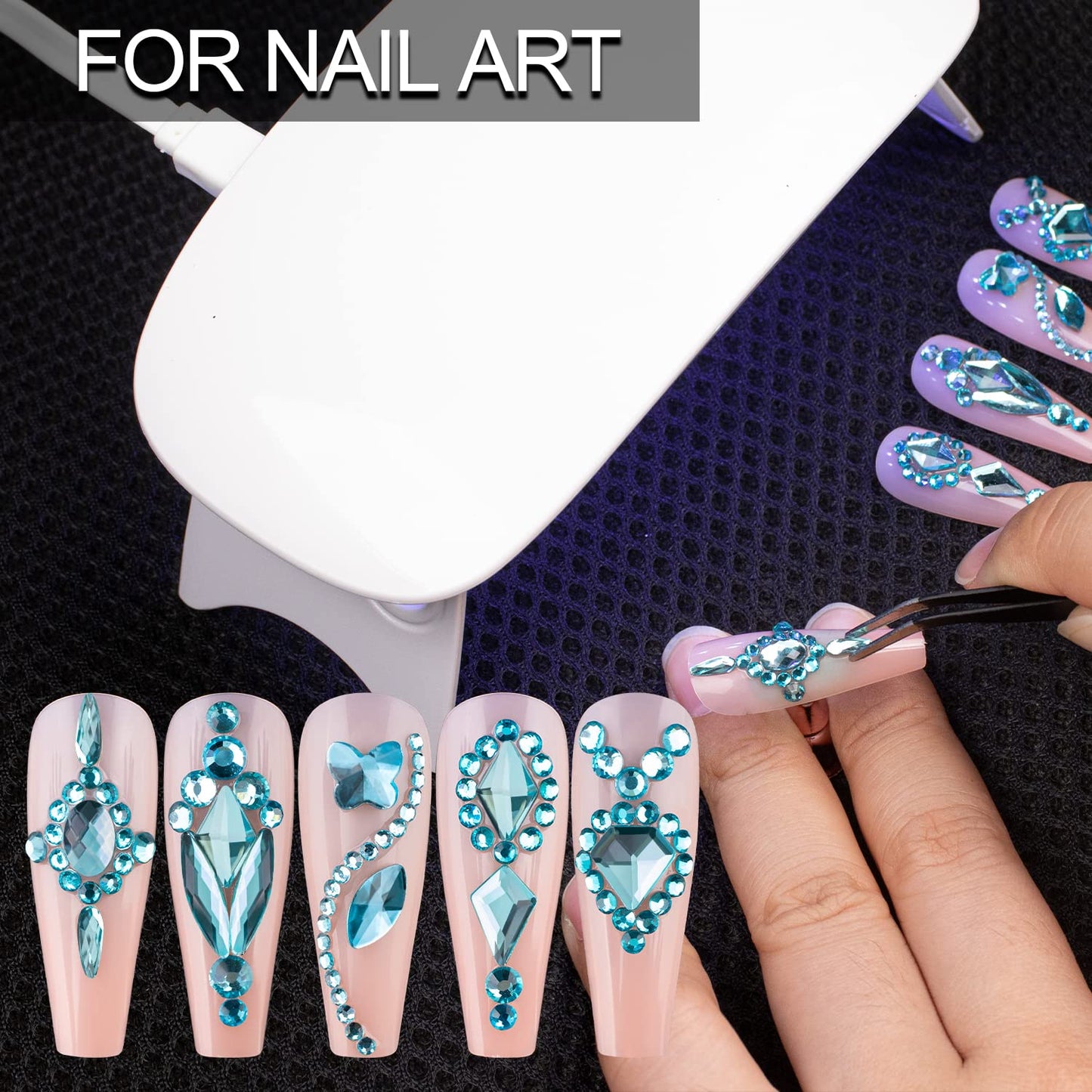 18 Styles Multi-Shaped Glass Gemstones for Nails and 6 Sizes Round Crystal Rhinestones Kit #8, Lake Blue Nail Art Charm Bead Manicure Decoration with Pickup Pencil and Tweezer