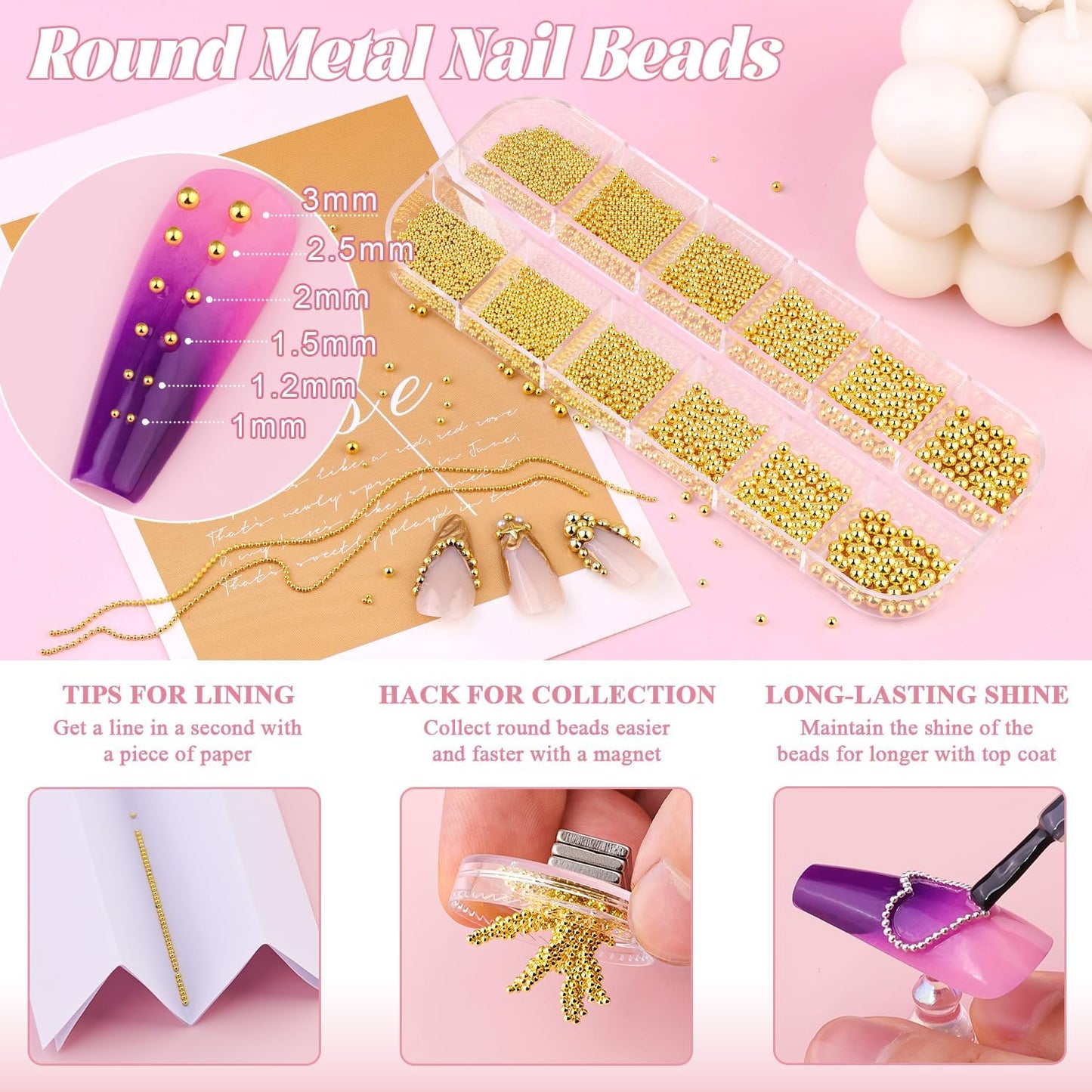 1-3MM Mini Small Nail Beads Metal Caviar Bead Gold Nail Charms and Gems Ball, Nail Chain for Nail Art Accessories Supplies Gold Rhinestones for Women Manicure