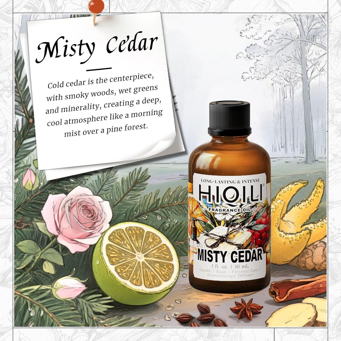 HIQILI Misty Cedar Fragrance Oil for Candle & Soap Making, DIY Fresh Hand Wash, Luxury Hotel Scents for Air Diffuser - 1 Fl Oz