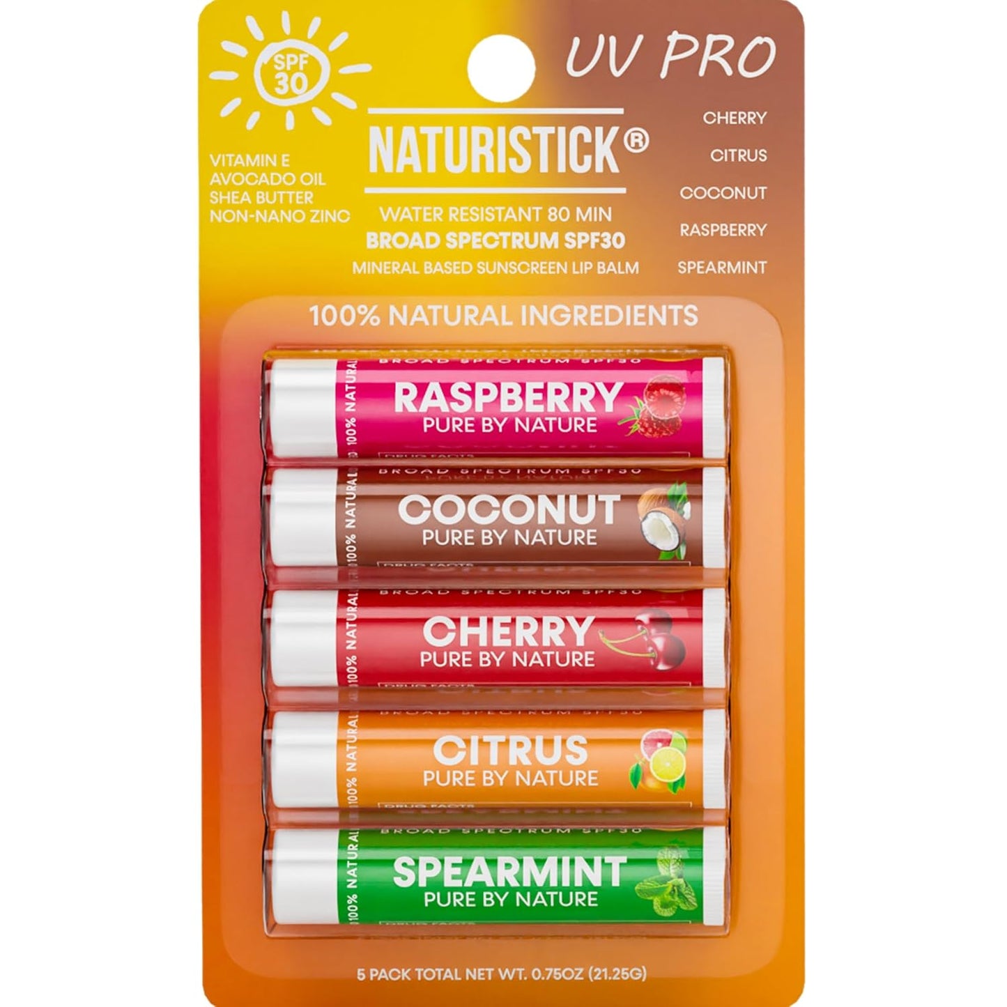 Naturistick SPF 30 Vegan Lip Balm – Mineral Sunscreen with Zinc Oxide | Broad Spectrum UVA/UVB | 100% Natural, Coral-Friendly Formula | 5-Pk Raspberry, Coconut, Cherry, Citrus, Spearmint | Made in USA