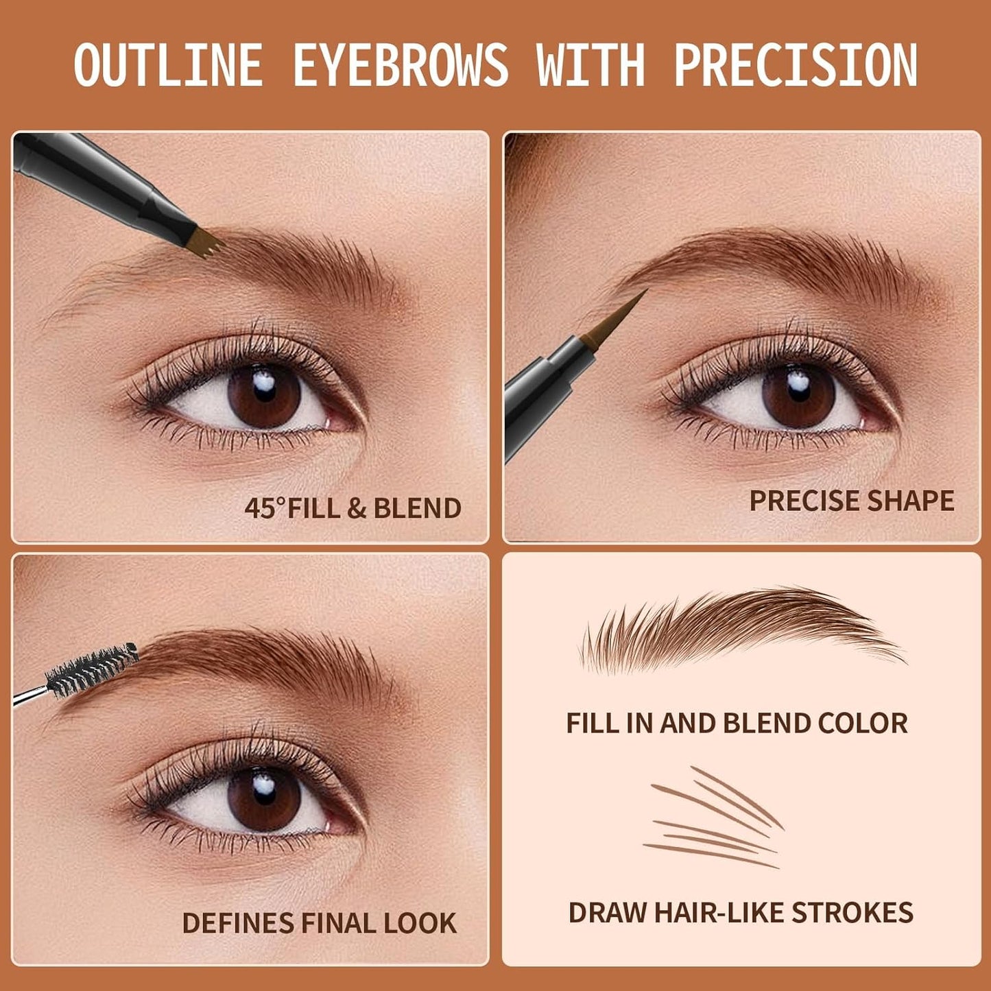 Eyebrow Pen, 2-in-1 Dual-Ended Microblading Eyebrow Pencil, Magical Faux Brow Pen with 4-Fork-Tip & Precise Brush-Tip Create Natural Hair-Like Brow, Waterproof, Stay on All Day, Grey, 1Pcs