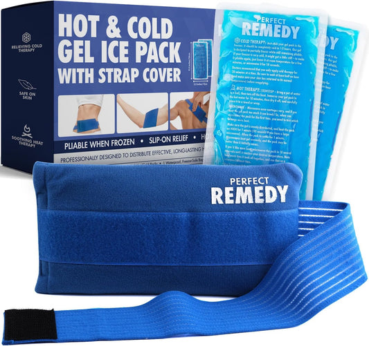 Perfect Remedy 2-Pack Gel Ice Packs for Injuries with Strap Cover, Flexible Hot Cold Compress, Soothing Soft Ice Packs for aid in Injuries Conditions, Alternative to Hot Water Bottles (Blue, Regular)