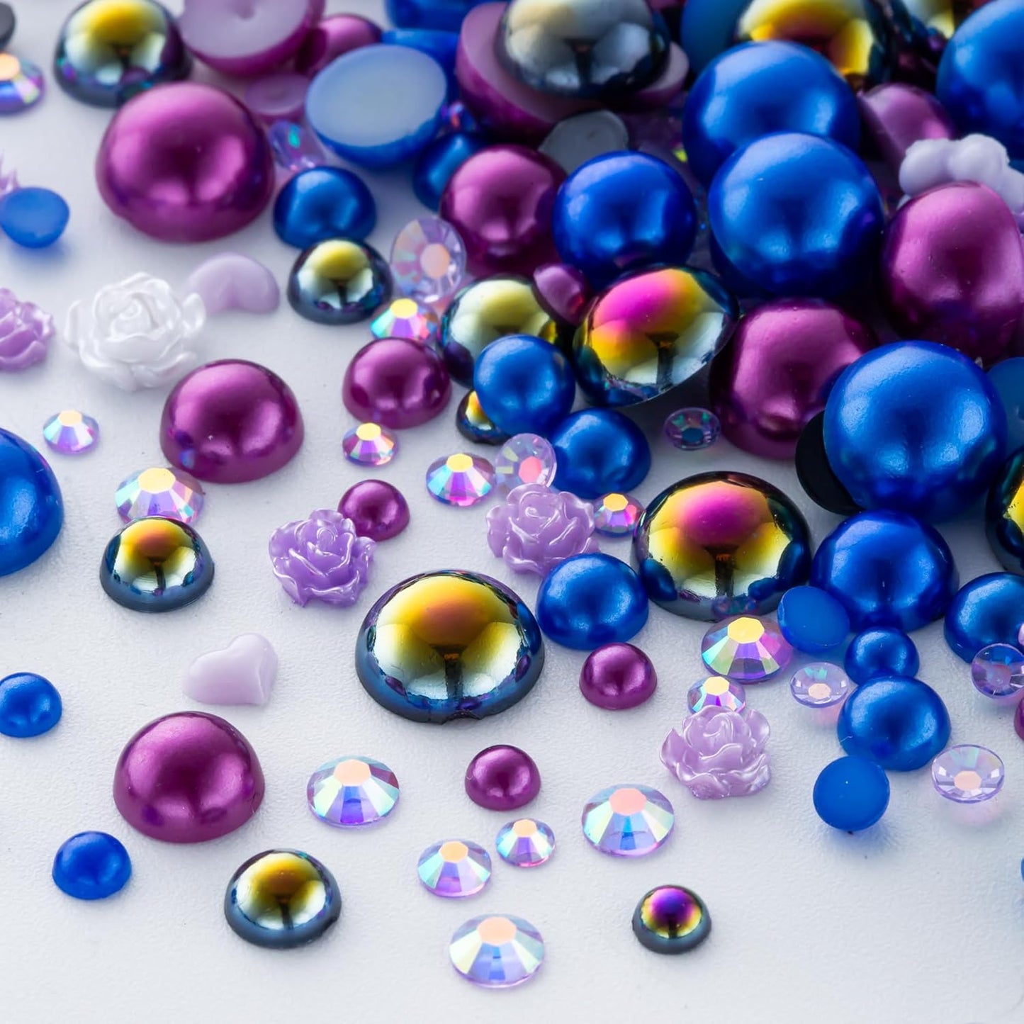 160g Dark Blue Flat Back Pearls Rhinestones for Crafts Mixed Size 3mm-10mm AB Color Round Half Pearls Flatback Pearl Beads and Resin Rhinestones Set for Face Art