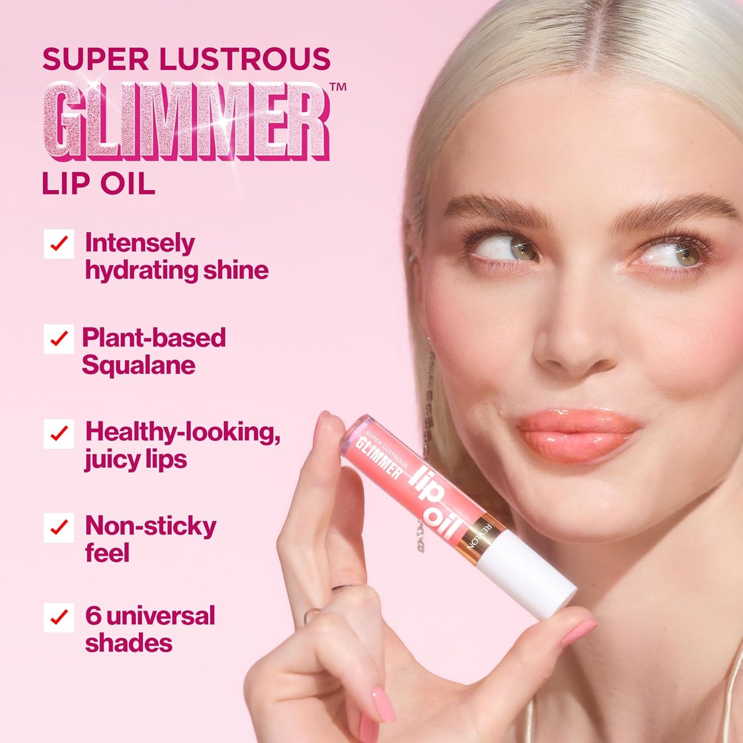 Revlon Super Lustrous Glimmer Lip Oil, Moisturizing & Tinted, Shiny Finish, Made with Plant-Based Squalane, 004 Gone Rose, 0.13 fl oz
