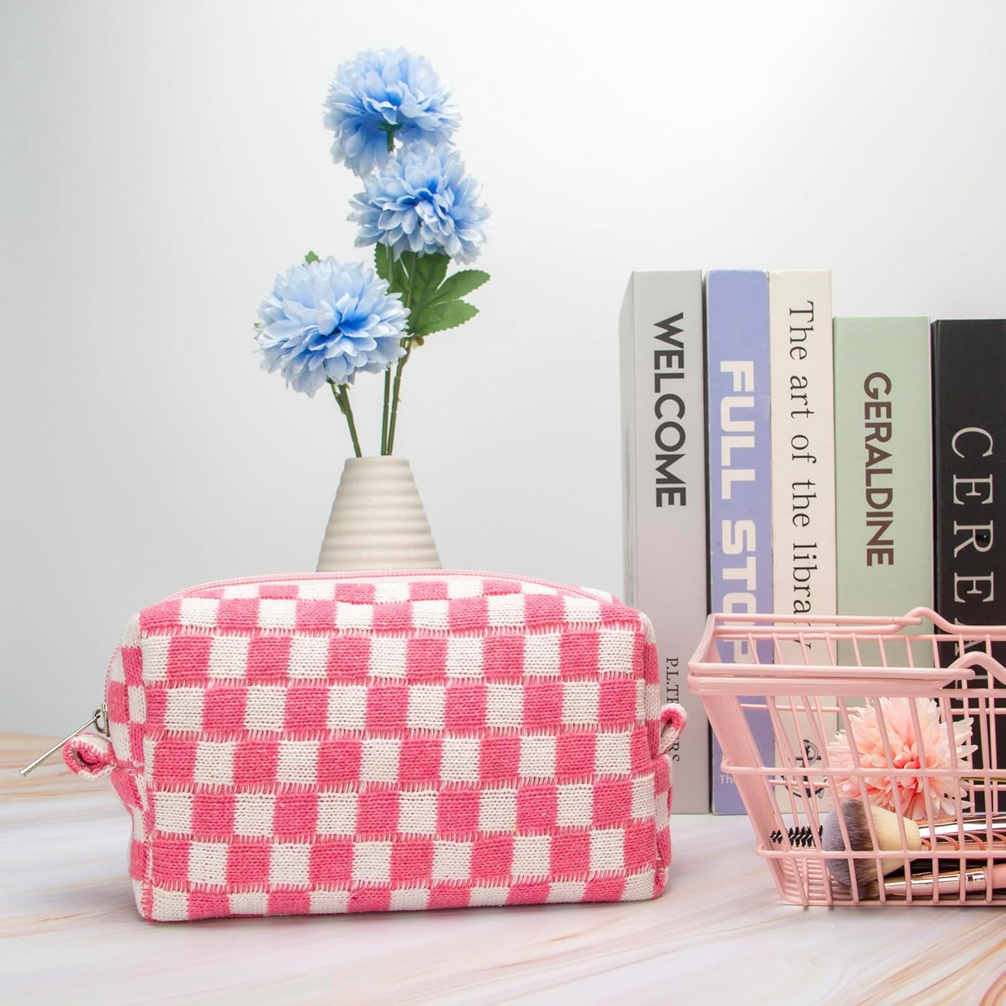 PAZIMIIK Checkered Makeup Bag for Purse Portable Zipper Make Up Pouch Small Cosmetic Case for Travel Accessories (6PCS Pink White)