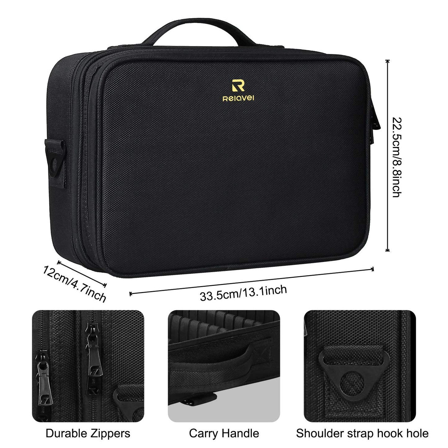 MONSTINA Travel Makeup Train Case,13.8 inches Large Cosmetic Case,Makeup Brush Holder Organizer and Storage with Adjustable Dividers and Shoulder Strap (Black)