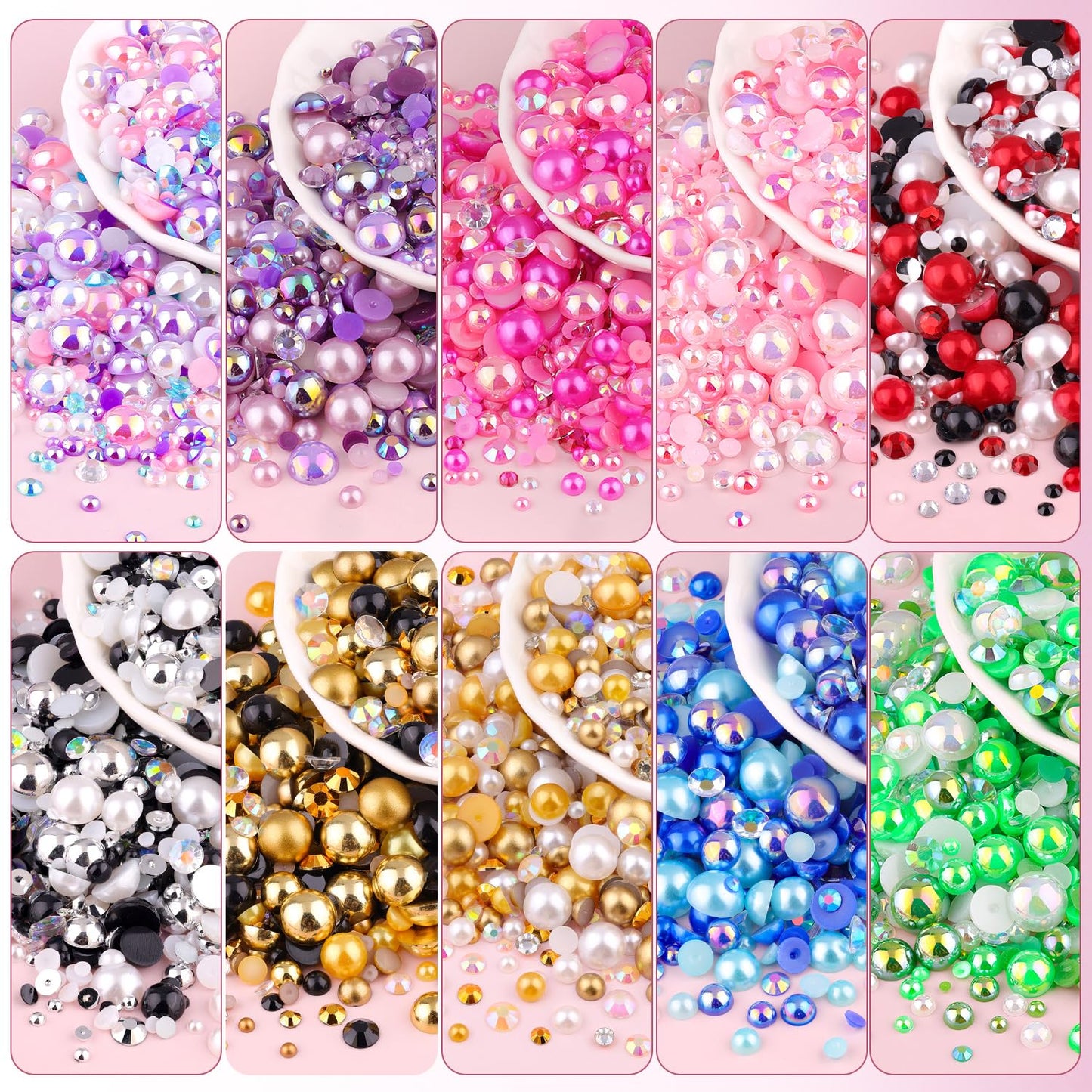 80g Flatback Pearls and Rhinestones for Bedazzling, Champagne Gold Mixed Size 3-10mm Resin Rhinestones and Half Pearls for Crafting, Nail Art and Decoration with Tweezers (White Brown)