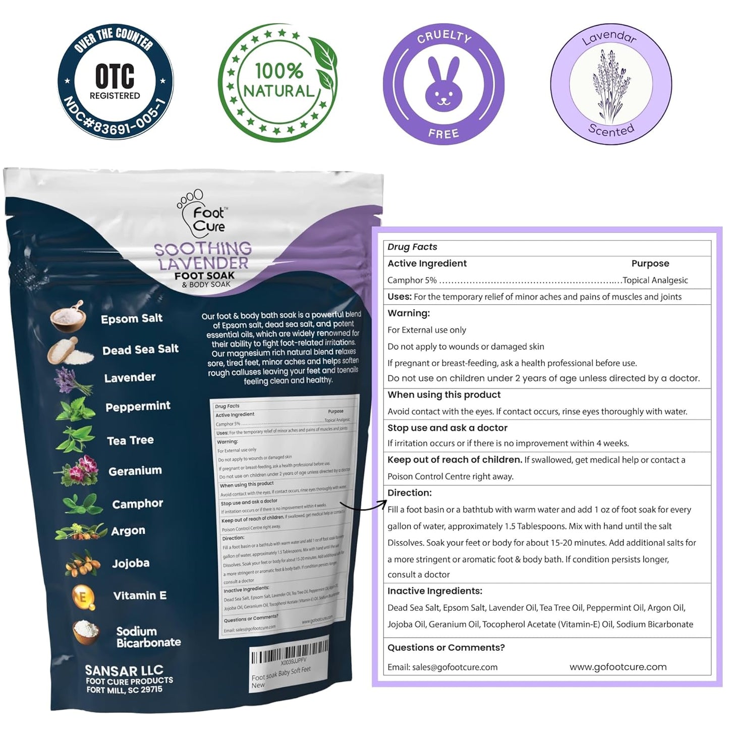 Tea Tree Oil & Soothing Lavender Foot Soak with Epsom Salt - Best Toenail Treatment & Softens Calluses - Soothes Sore & Tired Feet, Foot Odor Scent, Spa Pedicure - Made in USA - 16oz (Pack of 2)