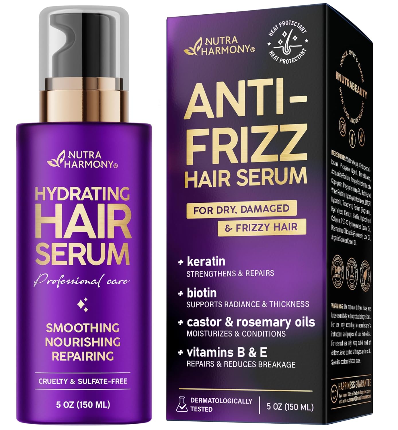 NUTRAHARMONY Hydrating Hair Serum – Keratin Hair Treatment for Dry, Frizzy, Damaged Hair – Biotin, Castor & Rosemary Oils – Anti‑Frizz, Heat Protectant & Split Ends Repair for Smooth, Shiny Hair, 5oz