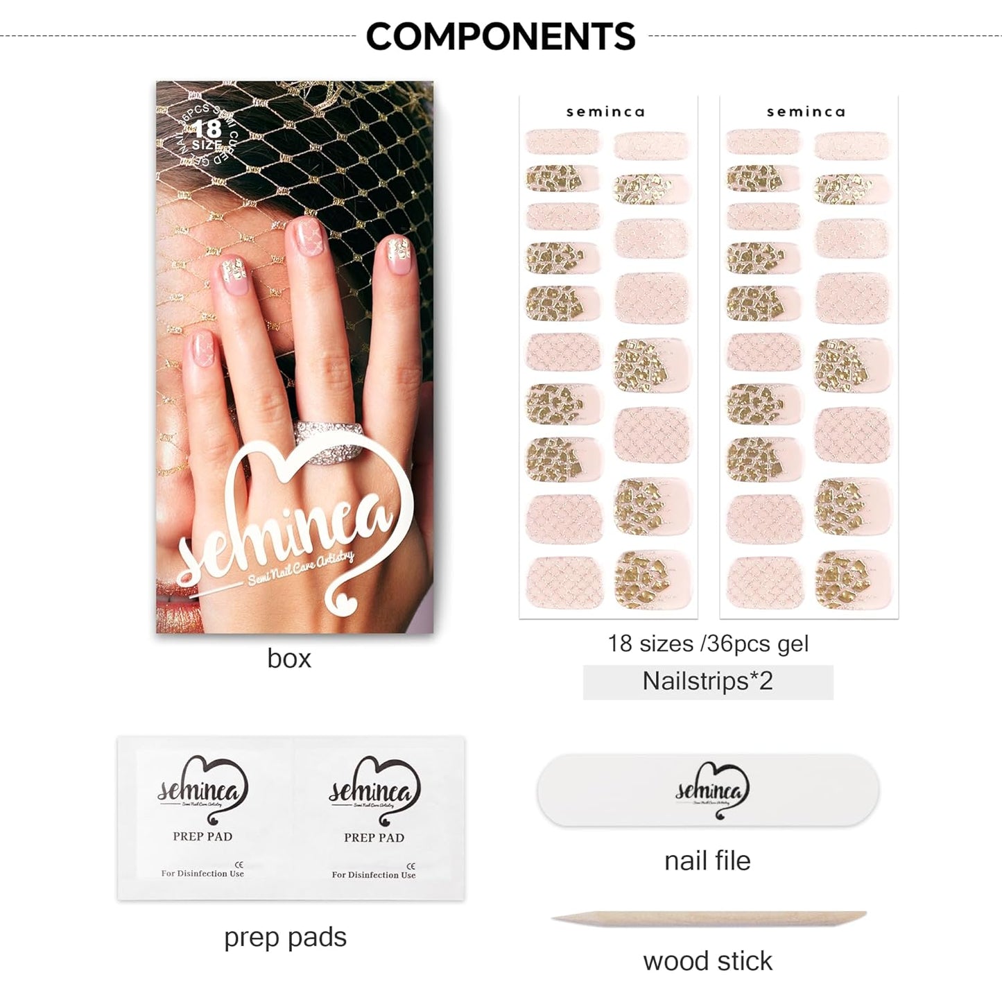 Semi Cured Gel Nail Strips-Semi Gel Nail Polish Stickers Waterproof Nail Art Wraps 18 Pre-Cut Designs Quick Dry Manicure Set Works with Any UV/LED Lamps(Golden Hour)