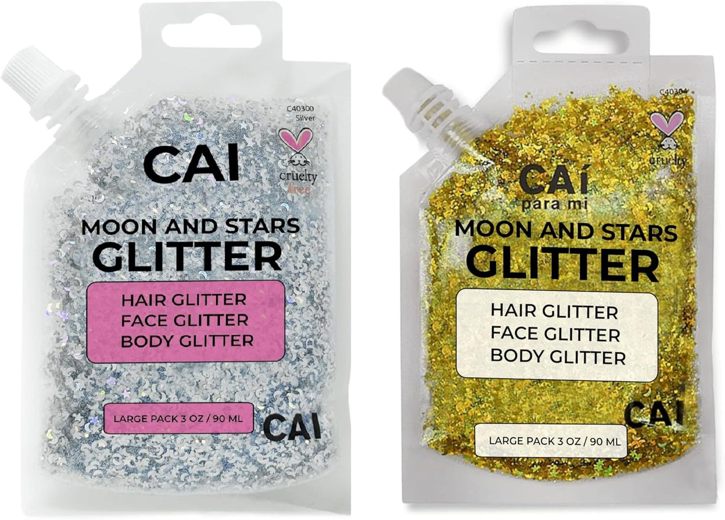 Face, Body & Hair Glitter Gel – Halloween Glitter for Kids and Women – 3 Oz Cosmetic-Grade Gel w/Moon & Stars for Festivals & Halloween Party, Easy Apply & Wash Off - Silver/Gold 2Pack