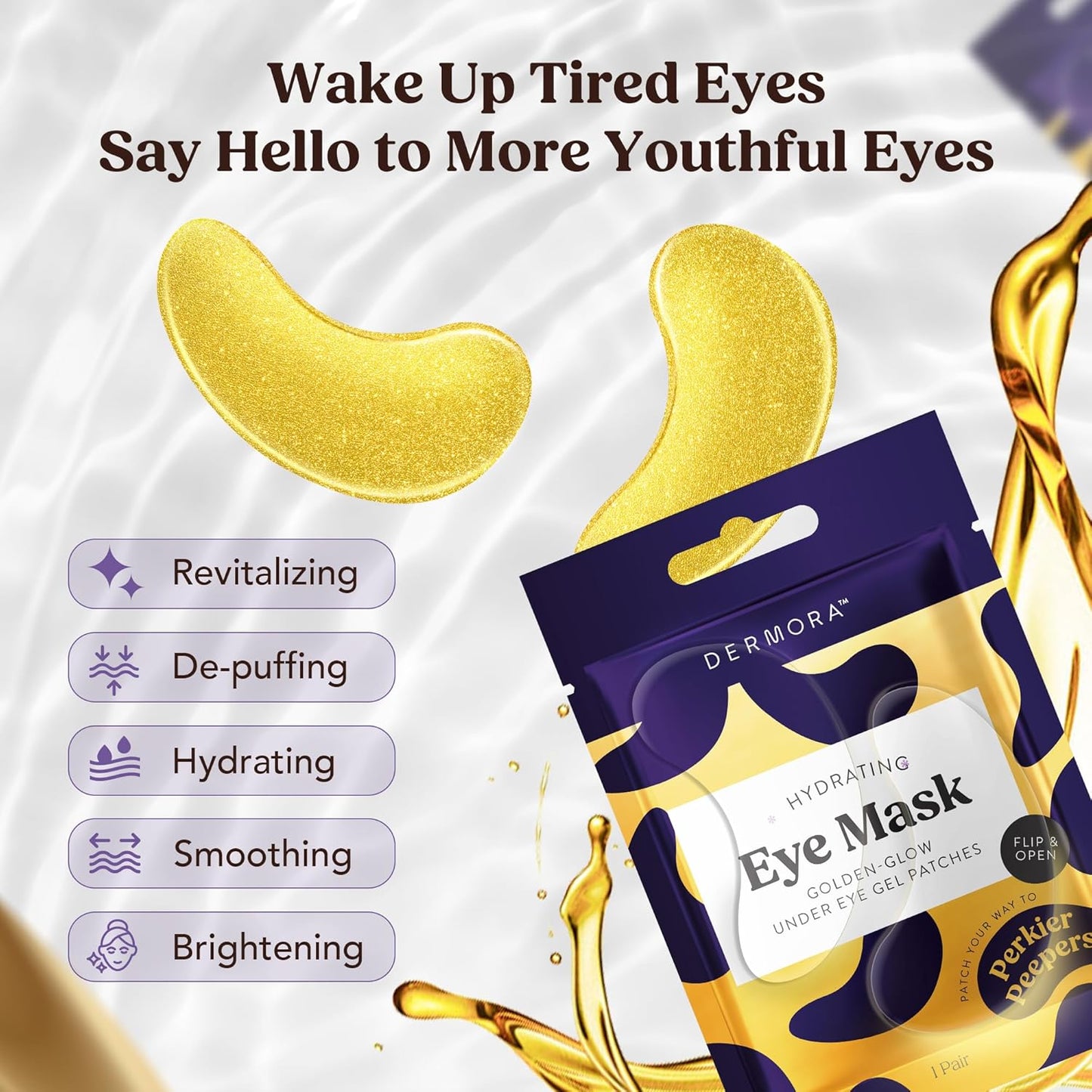 DERMORA Golden Glow Under Eye Patches | Rejuvenating Treatment | Dark Circles, Puffy Eyes, Refreshing, Revitalizing, Travel, Wrinkles | 20 Pairs Eye Gels