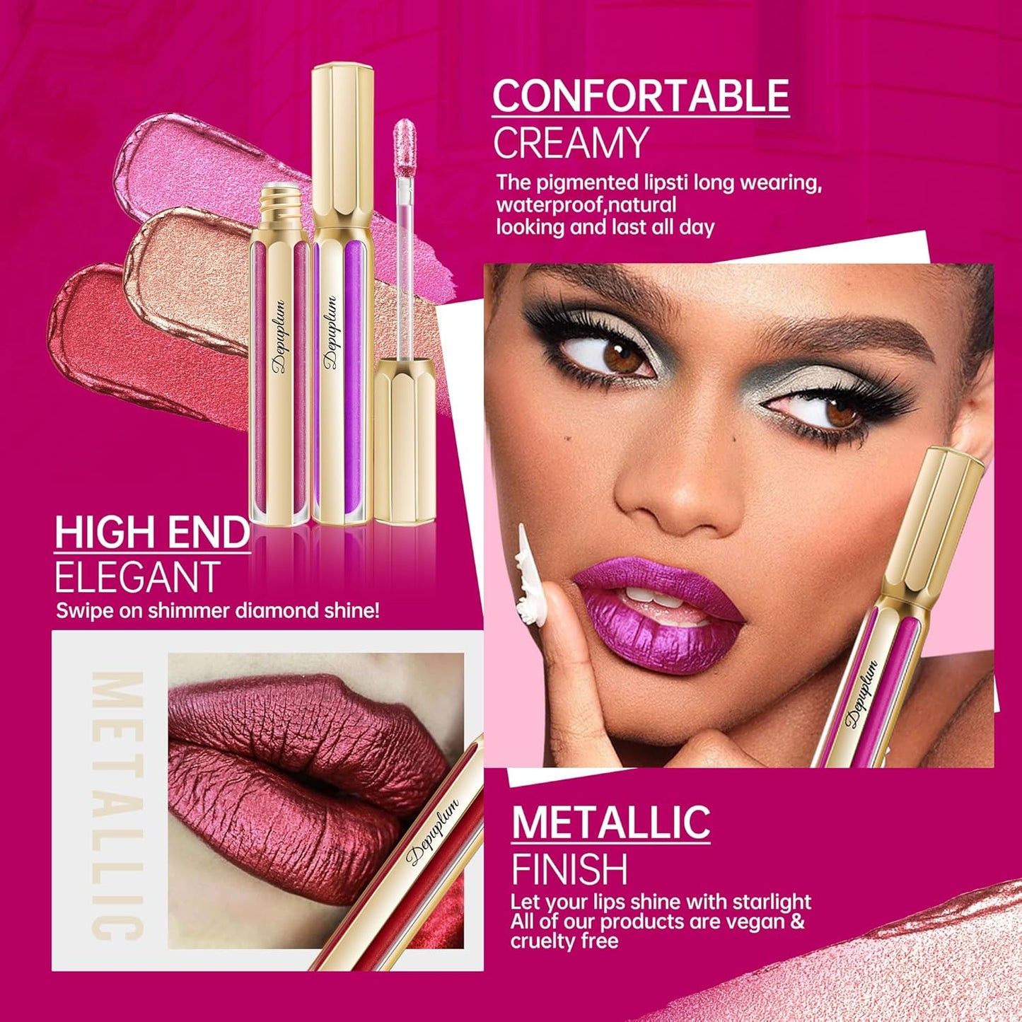 Black Lipsticks for Women Metallic Lipstick Long Lasting Non Stick Cup Lip Gloss, Shimmer Lightweight Hydrating Full Coverage Lip Color, DP120 Boardwalk