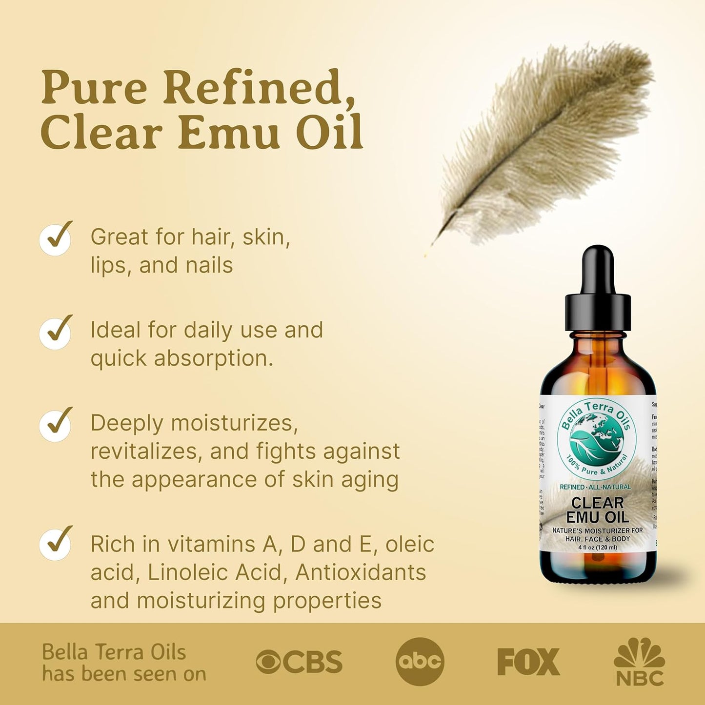Bella Terra Oils - Clear Emu Oil 8 oz - Harnessing the Power of Pure Emu, Abundant in Natural Nutrients & Fatty Acids, Elevate Your Skin's Glow