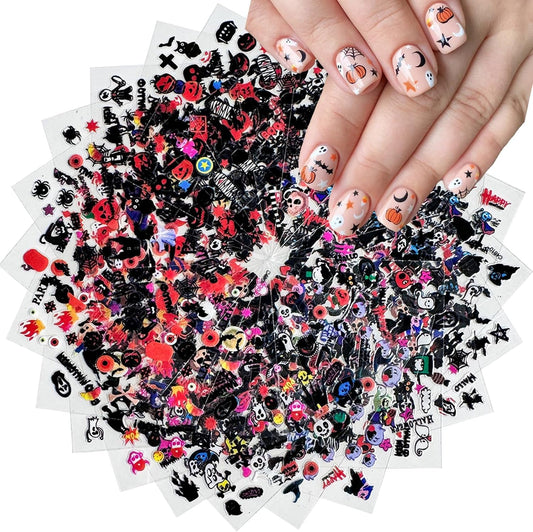 30 Sheets Halloween Nail Stickers Pumpkin Ghost Face Nail Charms Decals 3D Self Adhesive Spider Web Cat Bat Manicure Art Sticker for Acrylic Nails DIY Decorations