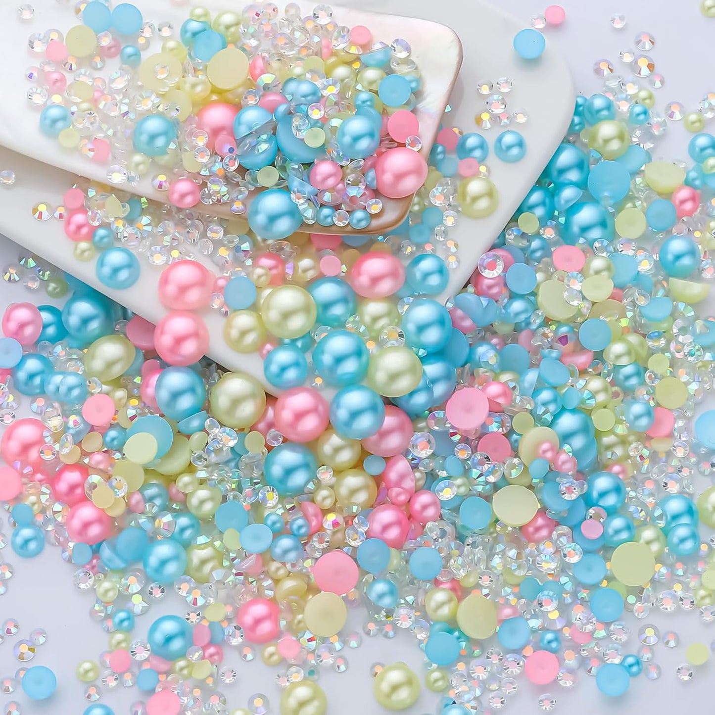60g Cyan Citrine Pearl Rhinestones for Crafts Mixed Size 3mm-10mm AB Color Round Half Pearls Flatback Pearl Beads and Resin Rhinestones Set for Face Art with Gel