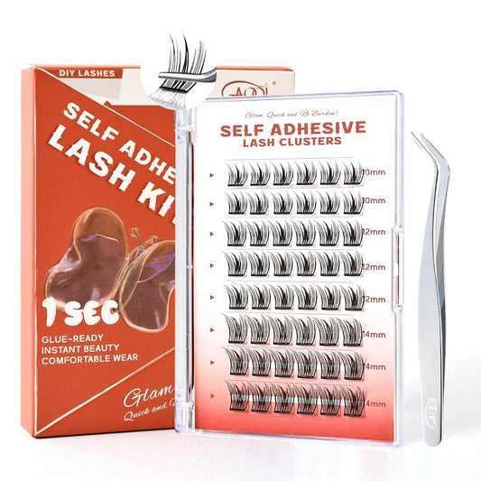 GAQQI Self Adhesive Eyelashes Lash Clusters, Press on Lashes 10-14mm Natural Manga Cluster Lashes, Reusable No Glue Lashes C Curl, NEW-TECH Thin Flakes Pre Glued Eyelashes Clusters (PG25)