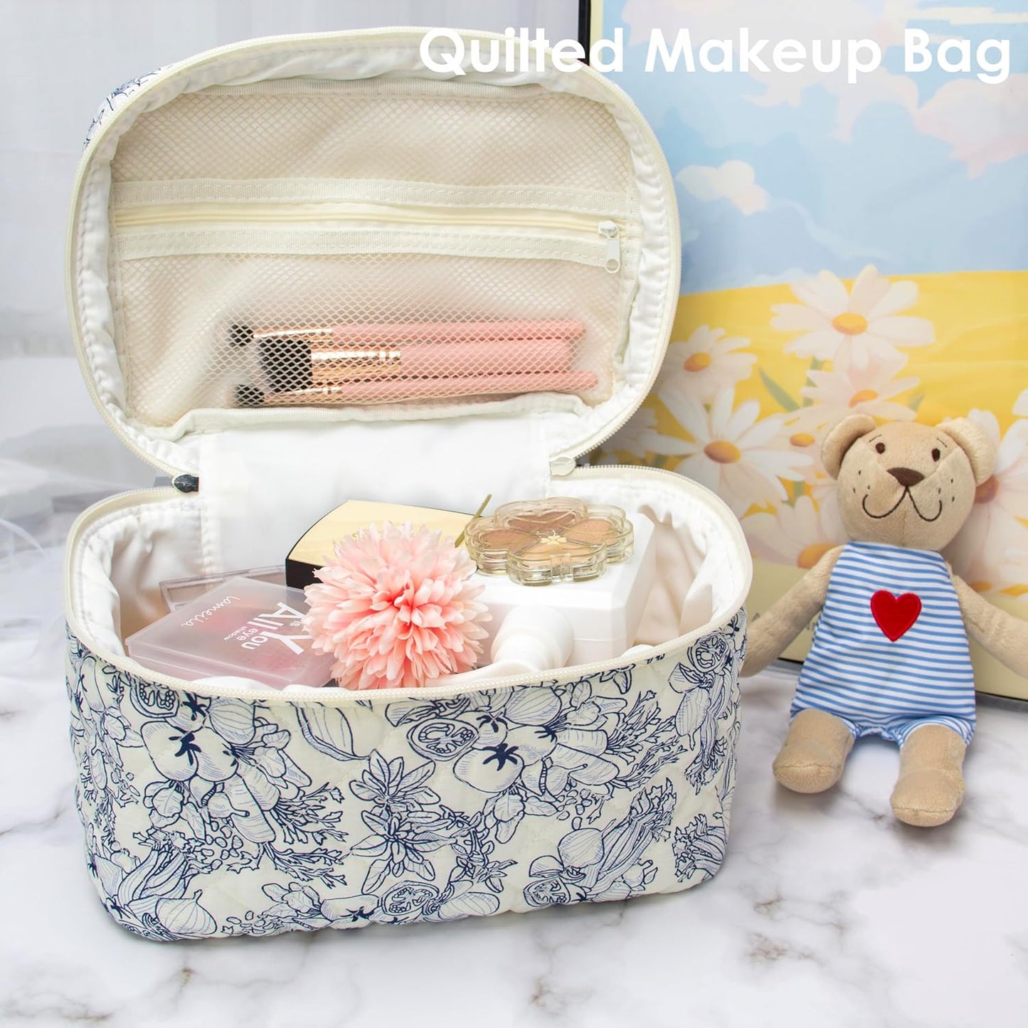PAZIMIIK Quilted Makeup Bag Large Travel Zipper Soft Cosmetic Case for Women Girls Make Up,Flower White