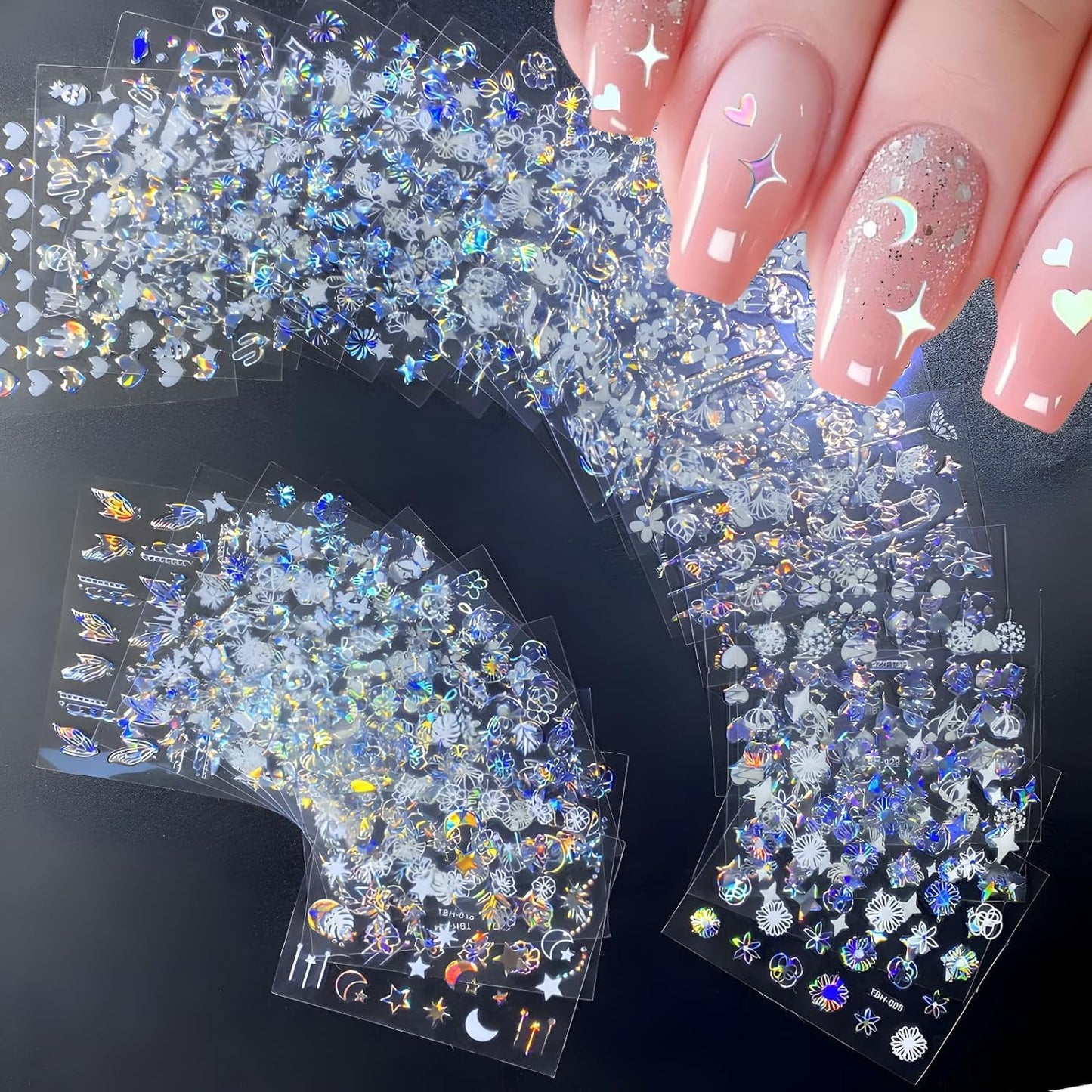 30 Sheets Aurora Nail Art Stickers Heart Star Nail Decals 3D Self-Adhesive Holographic Laser Star Nail Stickers Glitter Flower Butterfly Pattern Acrylic Design for Women Girls DIY Nail Art Decoration